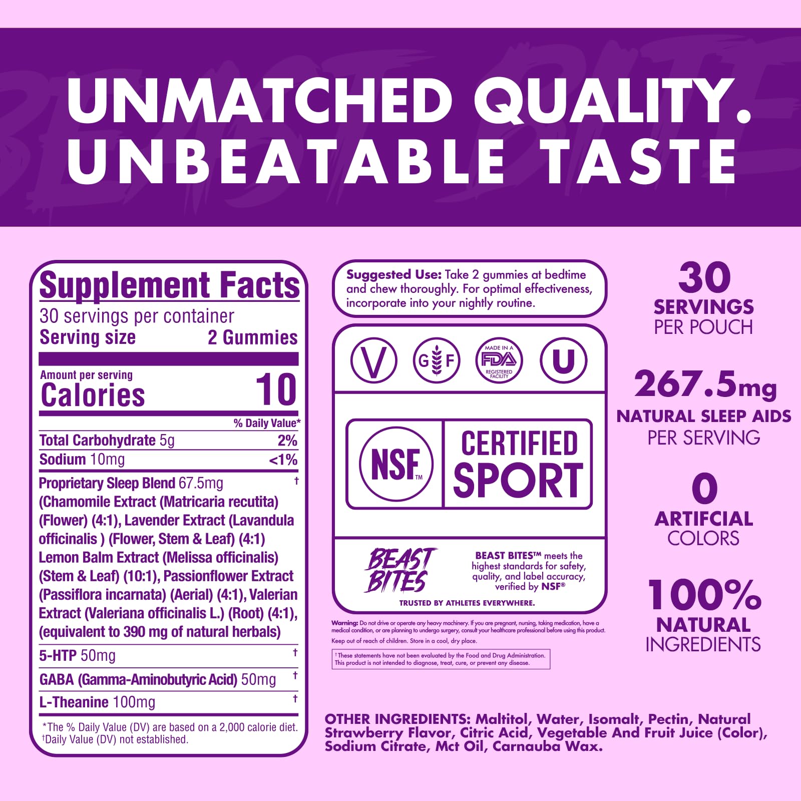 Beast Bites - Valerian Infused Sleep & Nighttime Recovery Gummies - NSF Certified for Sport - 30 Servings