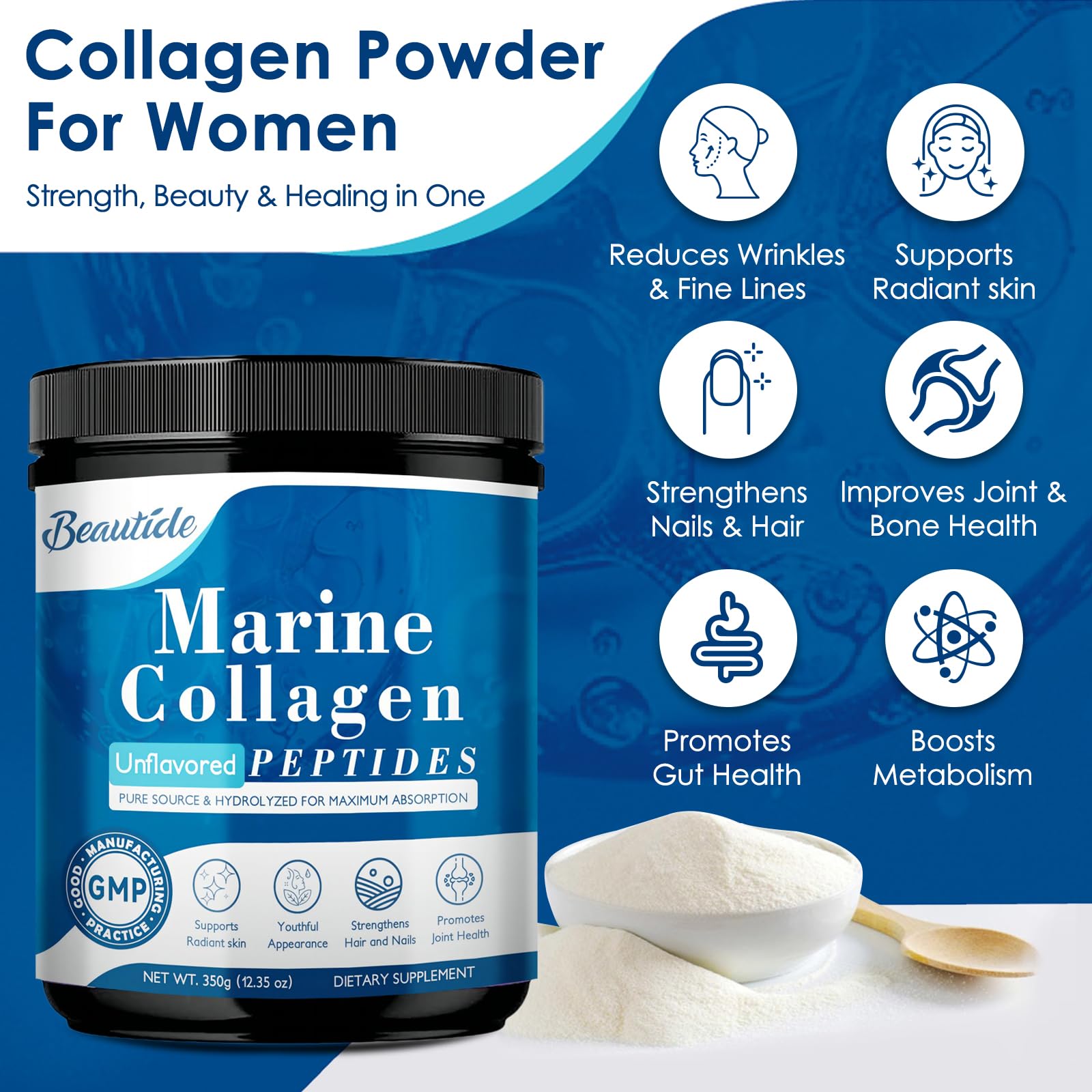 Beautide Marine Collagen Peptides Powder – Wild-Caught Fish, Vitamin C, Hyaluronic Acid, Non-GMO, 35 Servings