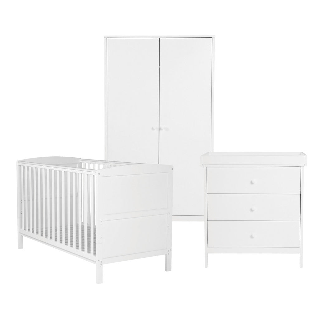 Bebe & Beyond Dreamer Cot Bed, Wardrobe & Changer Three Piece Nursery Furniture Set - White