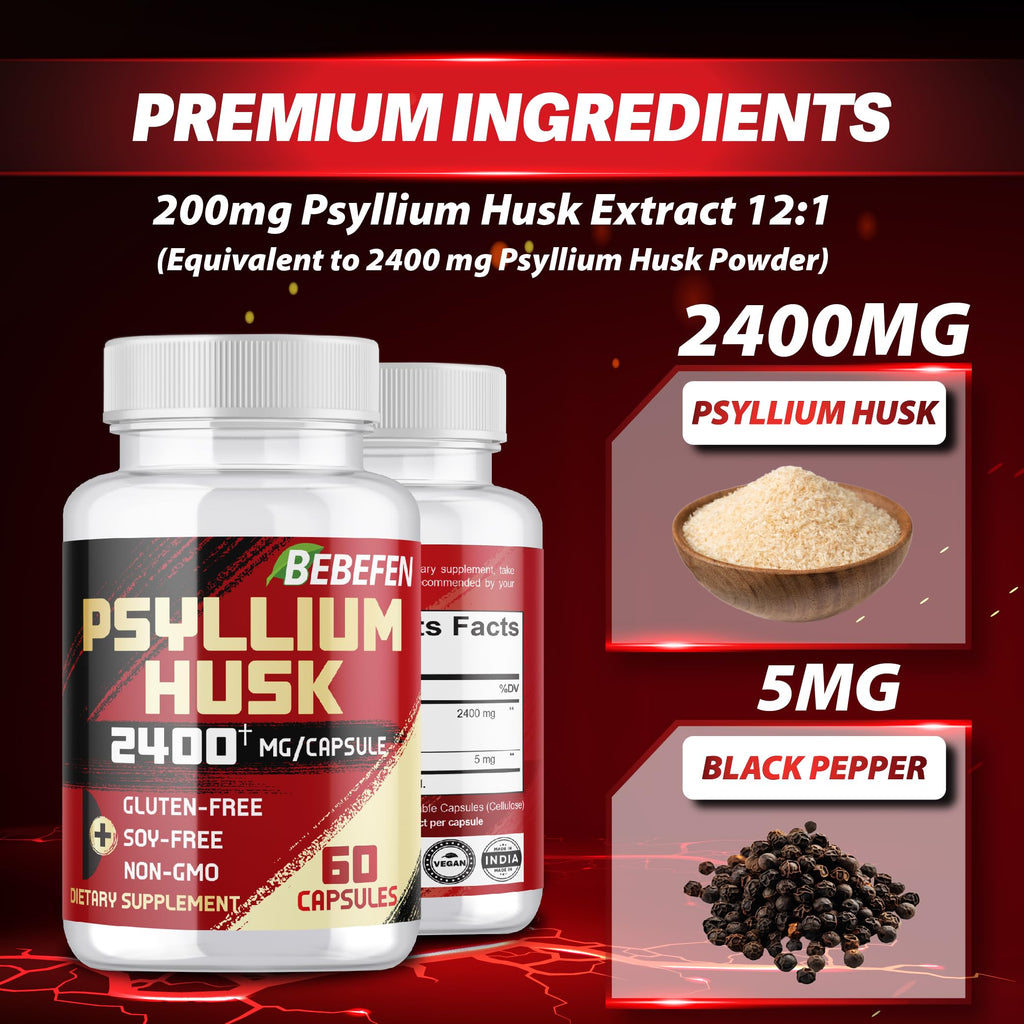BEBEFEN Psyllium Husk Capsules 2400mg with Black Pepper – 2 Month Supply