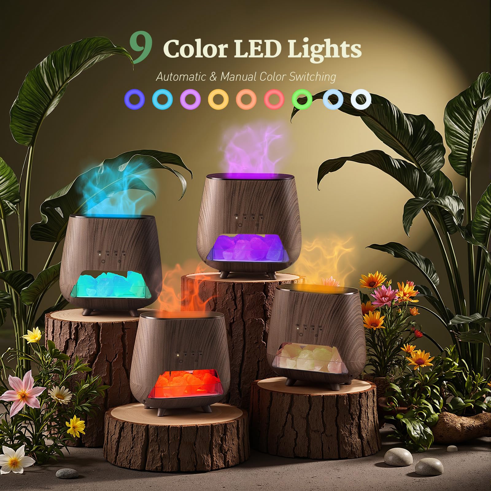 JJNJJN 200ml Wood Grain Essential Oil Diffuser – Himalayan Salt Lamp, Auto Off, 9-Color LED (Black)
