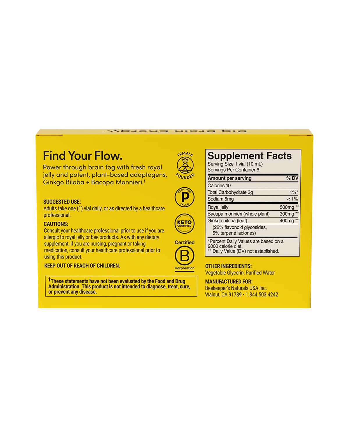 BEEKEEPER'S NATURALS B.LXR Brain Fuel - Memory, Focus & Clarity (Caffeine-Free, Keto Friendly)