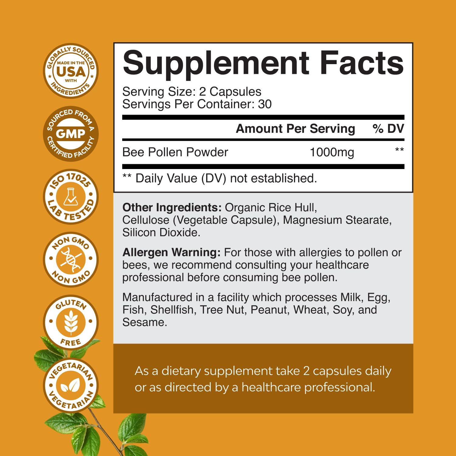 Bee Pollen Pills 1000mg (60ct) – Breast Growth Support – Vegetarian, Non-GMO & Gluten Free
