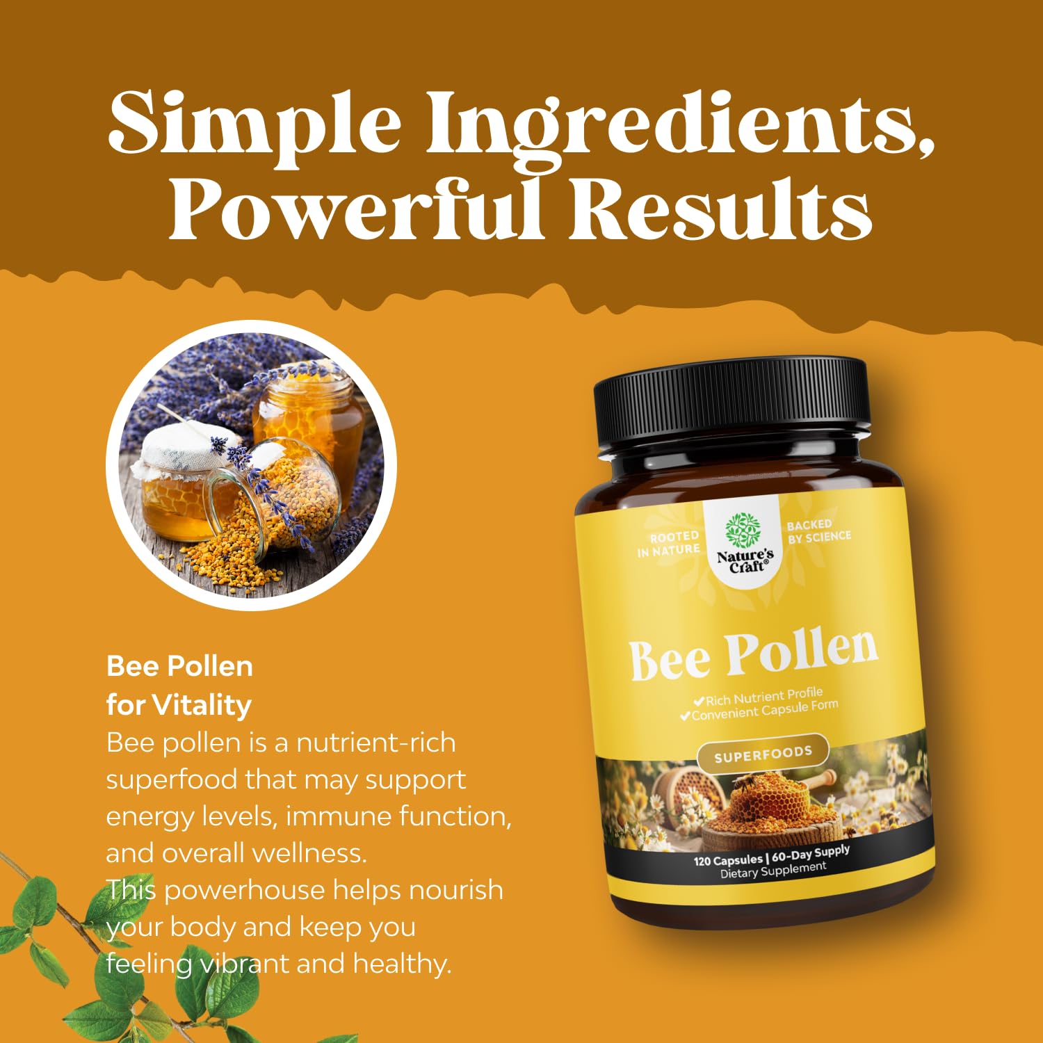 Bee Pollen Pills for Breast Growth - 120 Ct, 1000mg Serving | Vegetarian, Non-GMO, Gluten Free