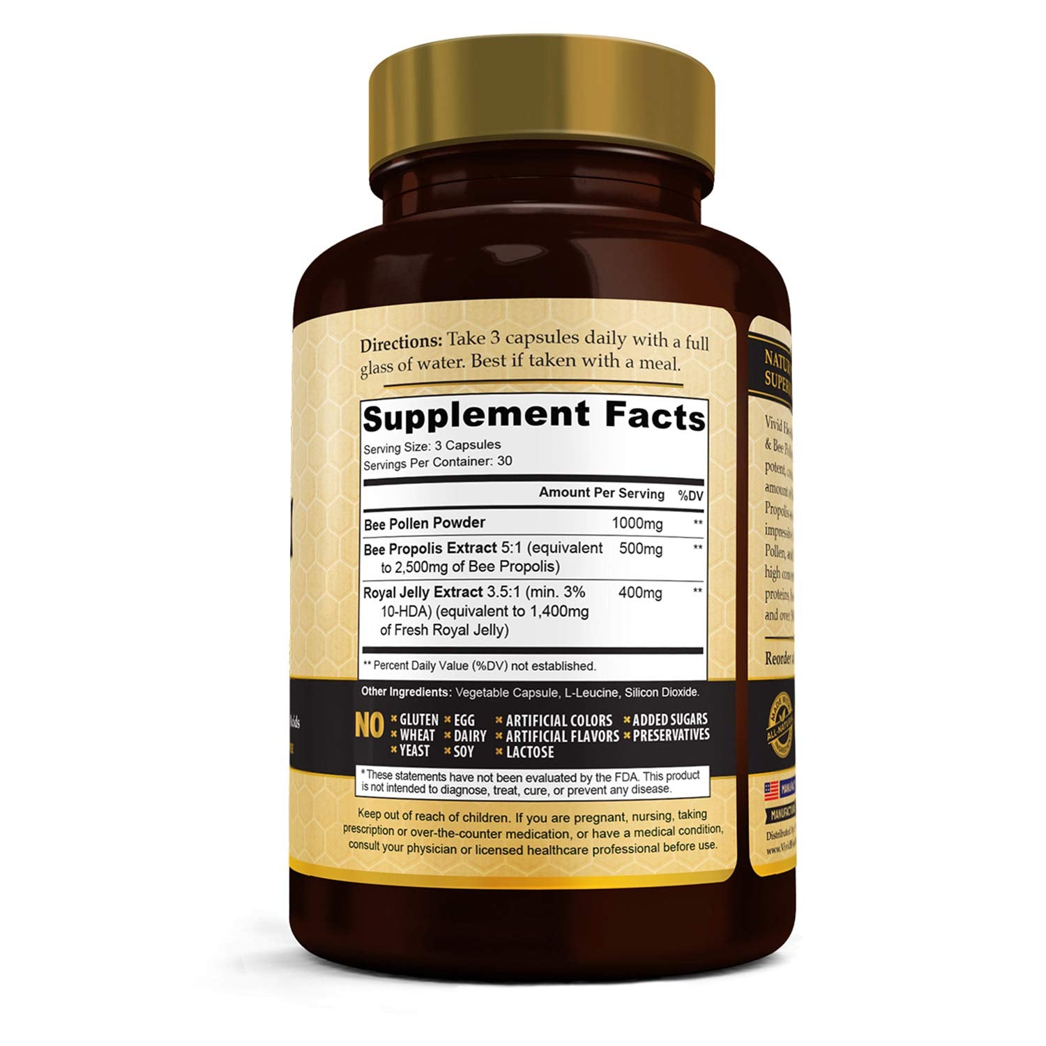 Vivid Health Nutrition Royal Jelly & Bee Pollen Capsules - High Potency, 90 Count