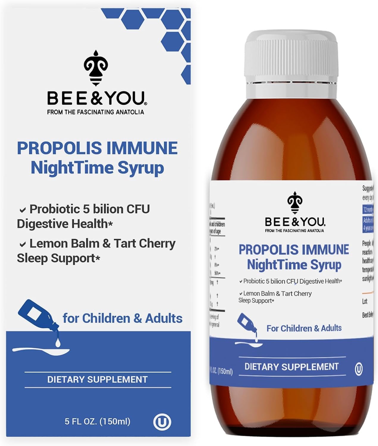Bee and You Propolis Nighttime Syrup with Probiotic, Vitamin C, and Elderberry – Gentle Formula for Adults & Kids, 5 Fl Oz