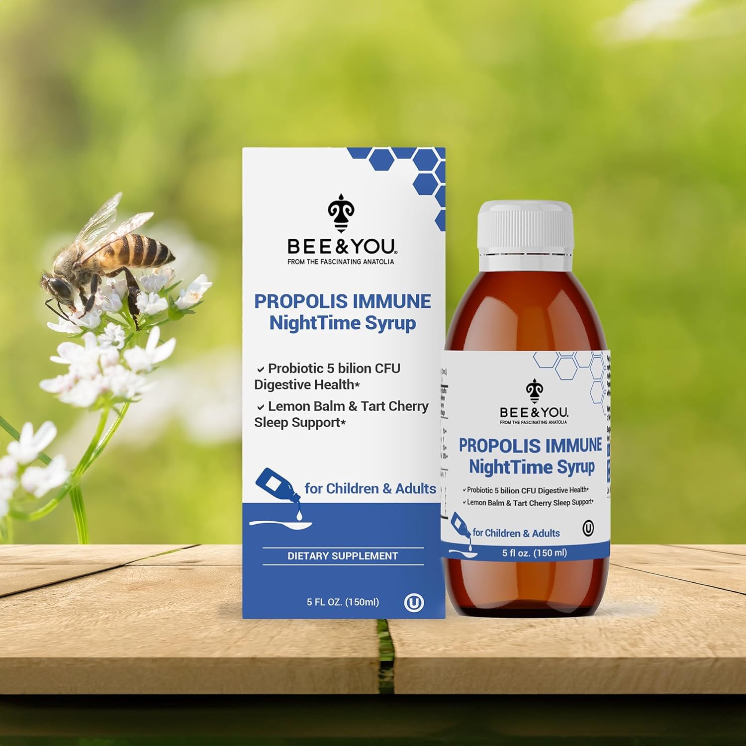 Bee and You Propolis Nighttime Syrup with Probiotic, Vitamin C, and Elderberry – Gentle Formula for Adults & Kids, 5 Fl Oz