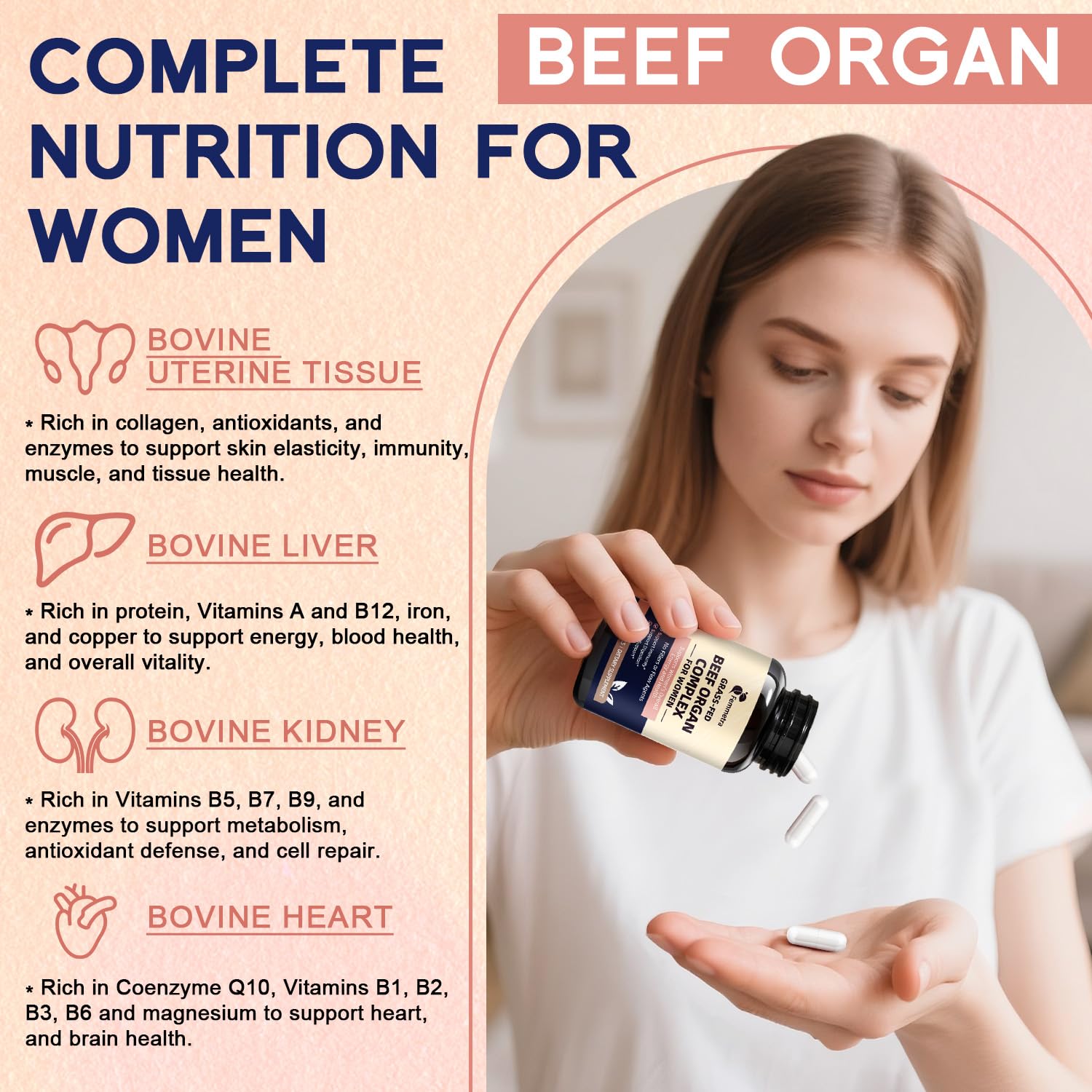Female-Optimized Beef Organ Complex Superfood Supplement, Beef Liver, Kidney, Heart, Uterus & 6 More, Balance Hormones, Energy & Women's Overall Wellness, with Milk Thistle, Zinc, Grass-Fed, 60 Day
