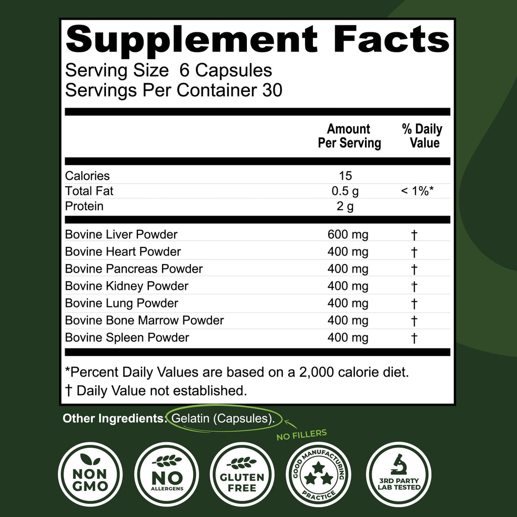 Beef Organ Supplement Grass Fed - 7-Organ NZ Complex | 180ct | Non-GMO