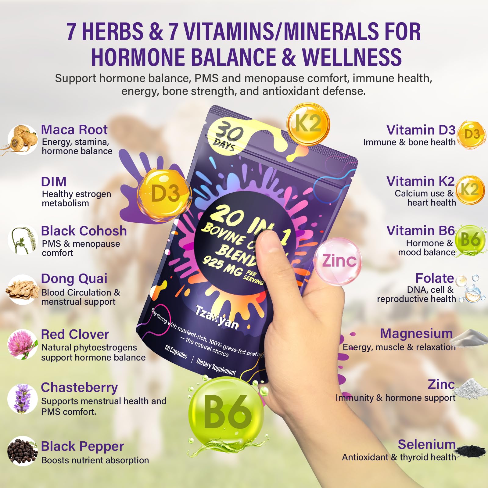 20-In-1 Beef Organ Supplement for Women – 925MG Grass-Fed Liver, Uterus & Ovary + 3 More | Hormone Balance & Energy