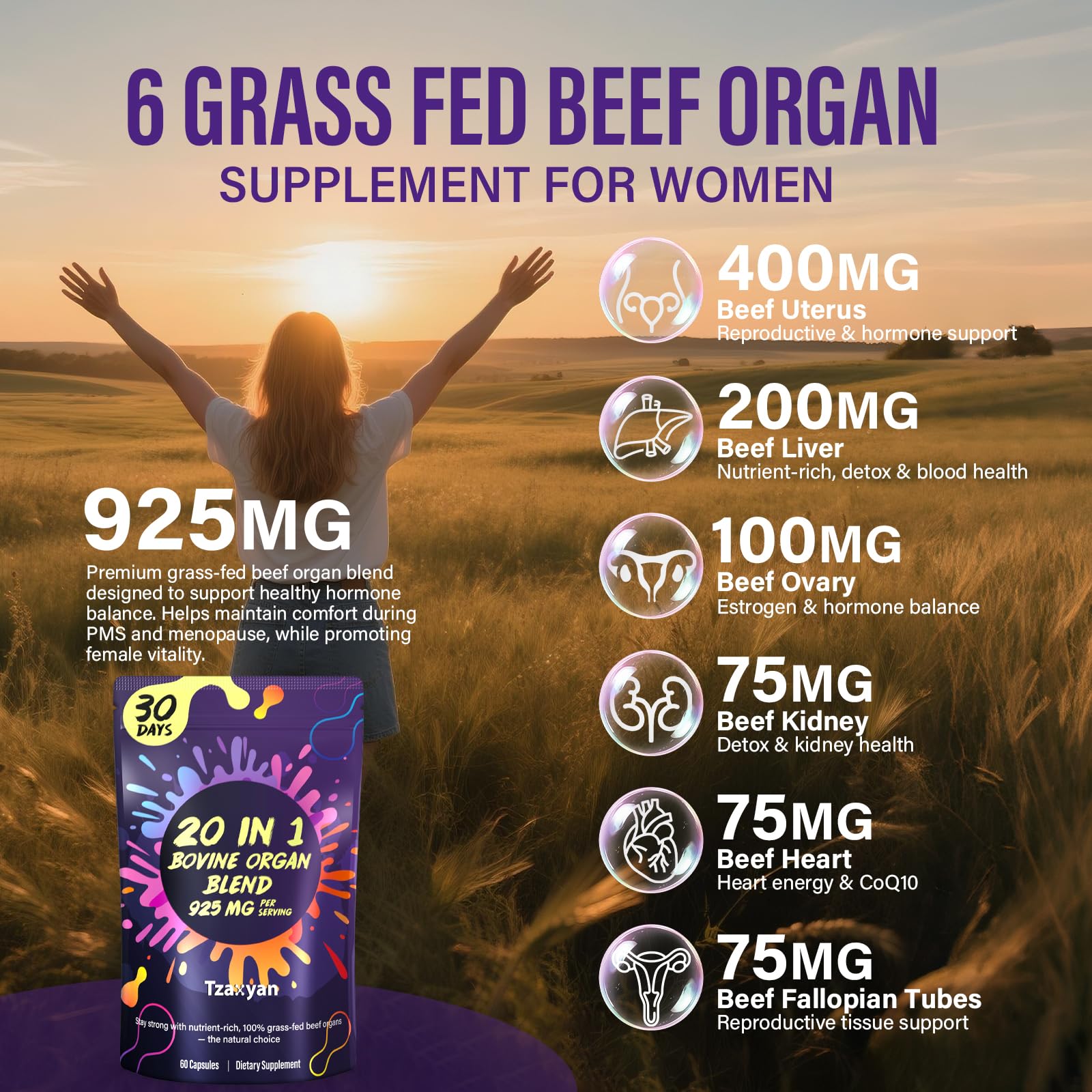 20-In-1 Beef Organ Supplement for Women – 925MG Grass-Fed Liver, Uterus & Ovary + 3 More | Hormone Balance & Energy