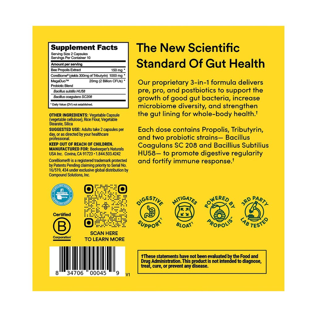 Beekeeper's Naturals Complete Gut Health – 3-in-1 Probiotic, Prebiotic & Postbiotic (Gluten-Free, 20ct)