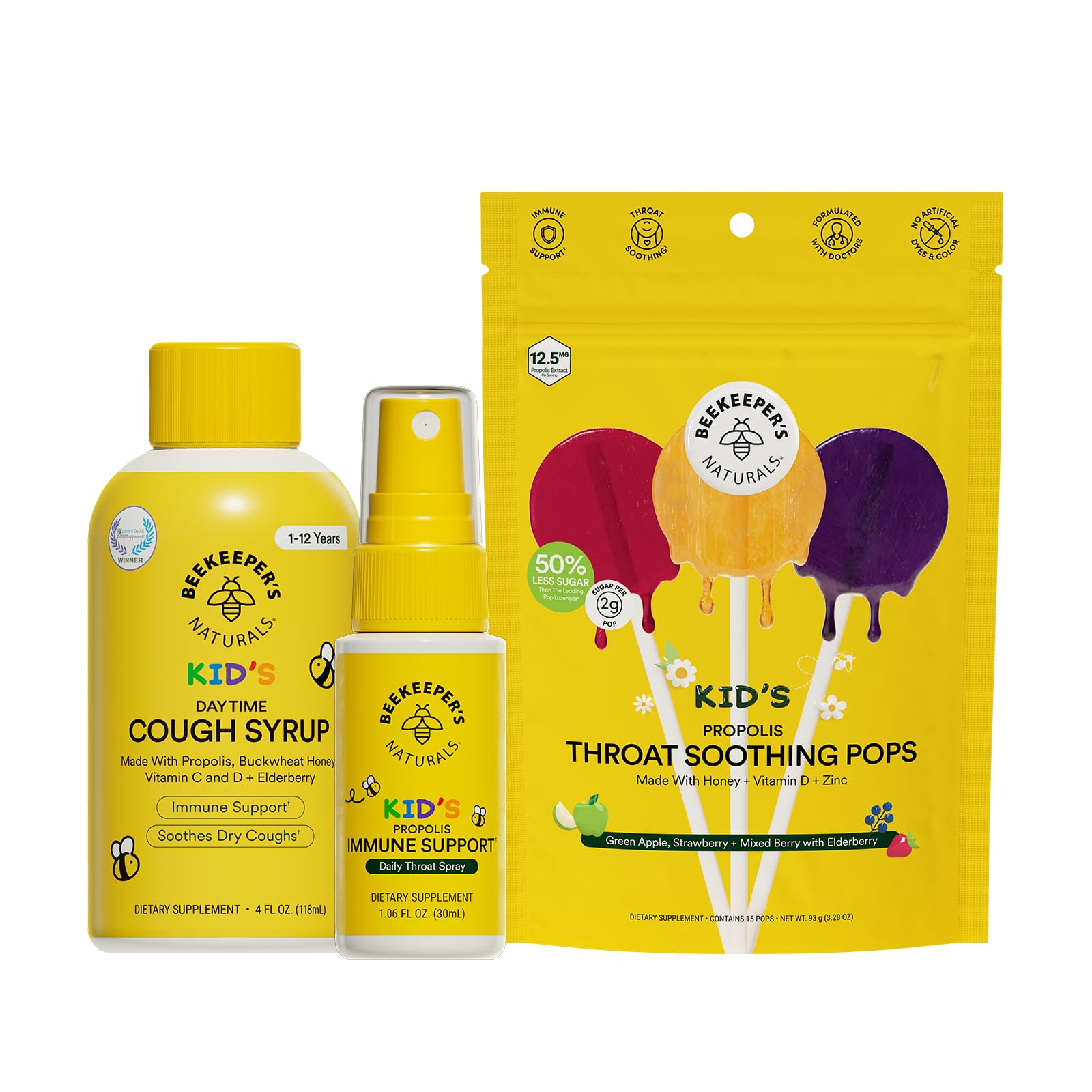Beekeeper's Naturals Kid's Immune Support Essentials | Propolis Throat Spray, Honey Cough Syrup & Lollipops