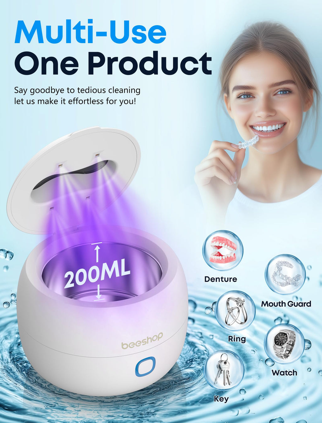 BEESHOP 2025 Ultrasonic Retainer Cleaner – 45kHz, 200ml, 3 Modes