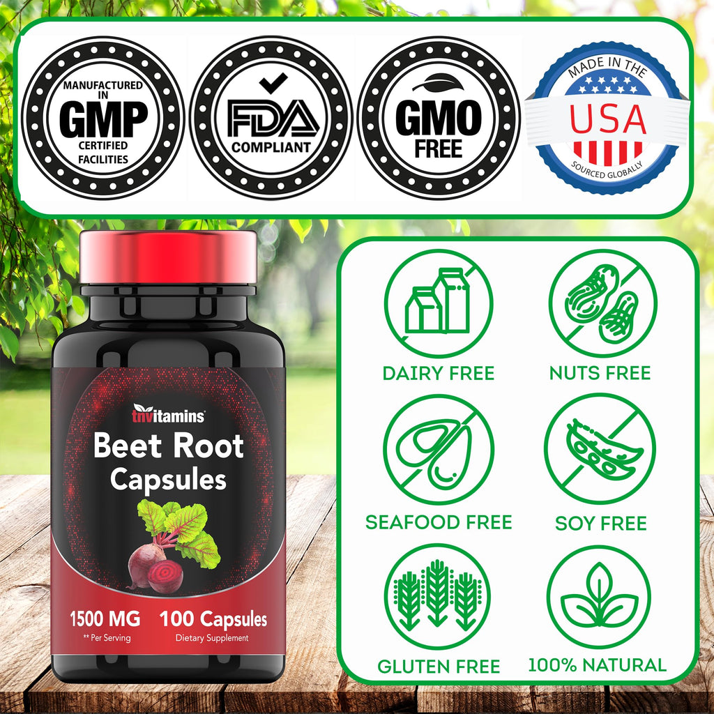 Beet Root Capsules 1500 Mg - 100 Capsules | Beet Root Powder Extract Capsules | Non-GMO & Gluten-Free | Produced in The USA | TNVitamins