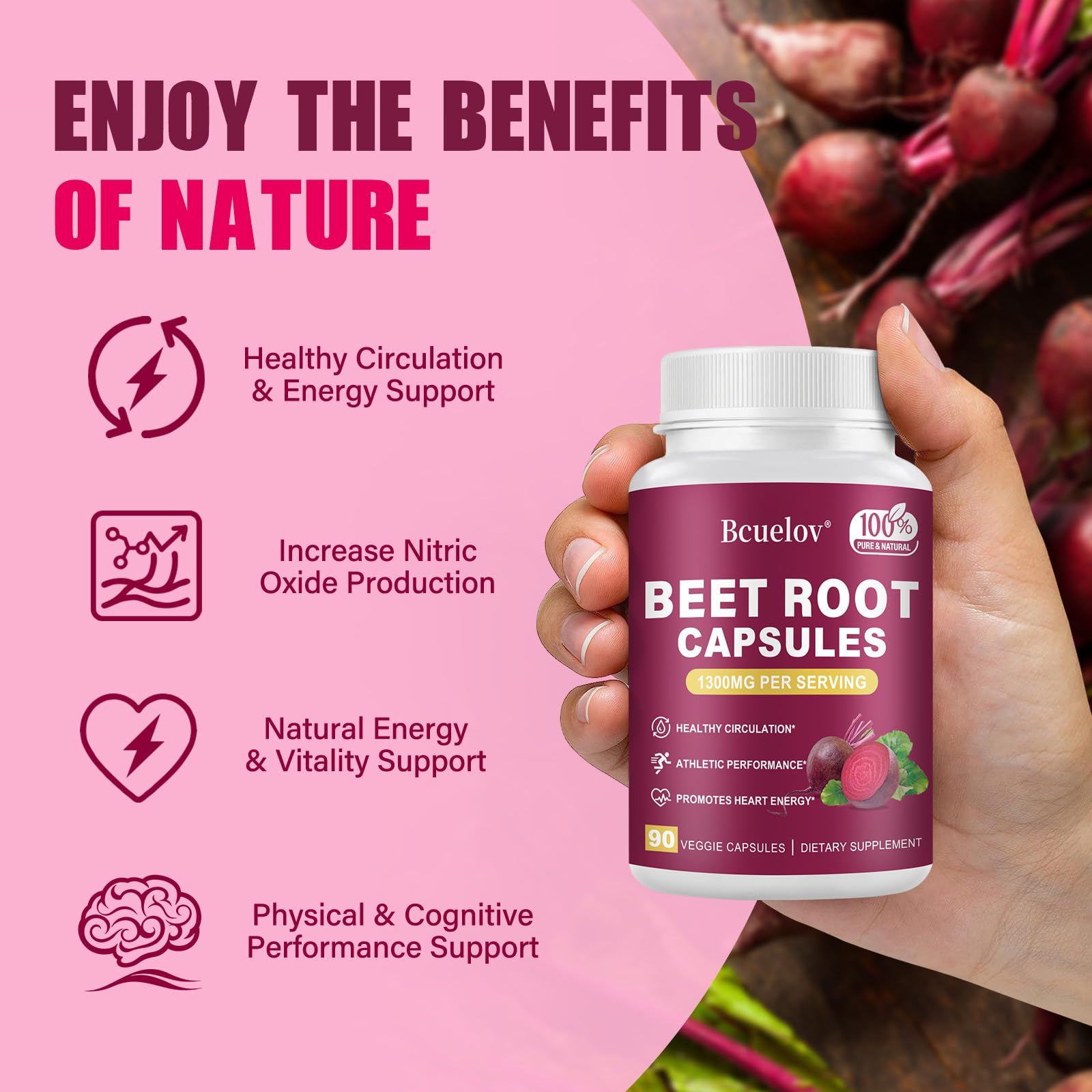 Beet Root Capsules 1300mg – Pure Beetroot Powder for Energy & Endurance | 90 Capsules