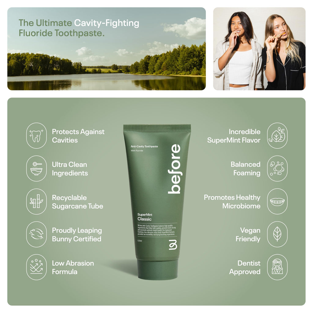 Before Classic Anti-Cavity Toothpaste | Vegan, Gum Health, Low Abrasion, 3.5oz | Made in USA