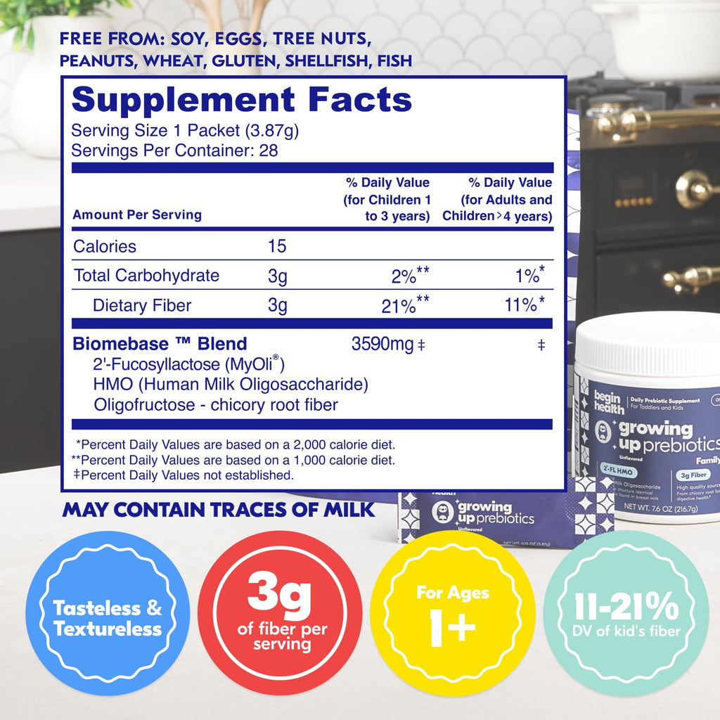 Begin Health Growing Up Prebiotics for Kids — 56-Pack, Unflavored Powder for Digestive Support
