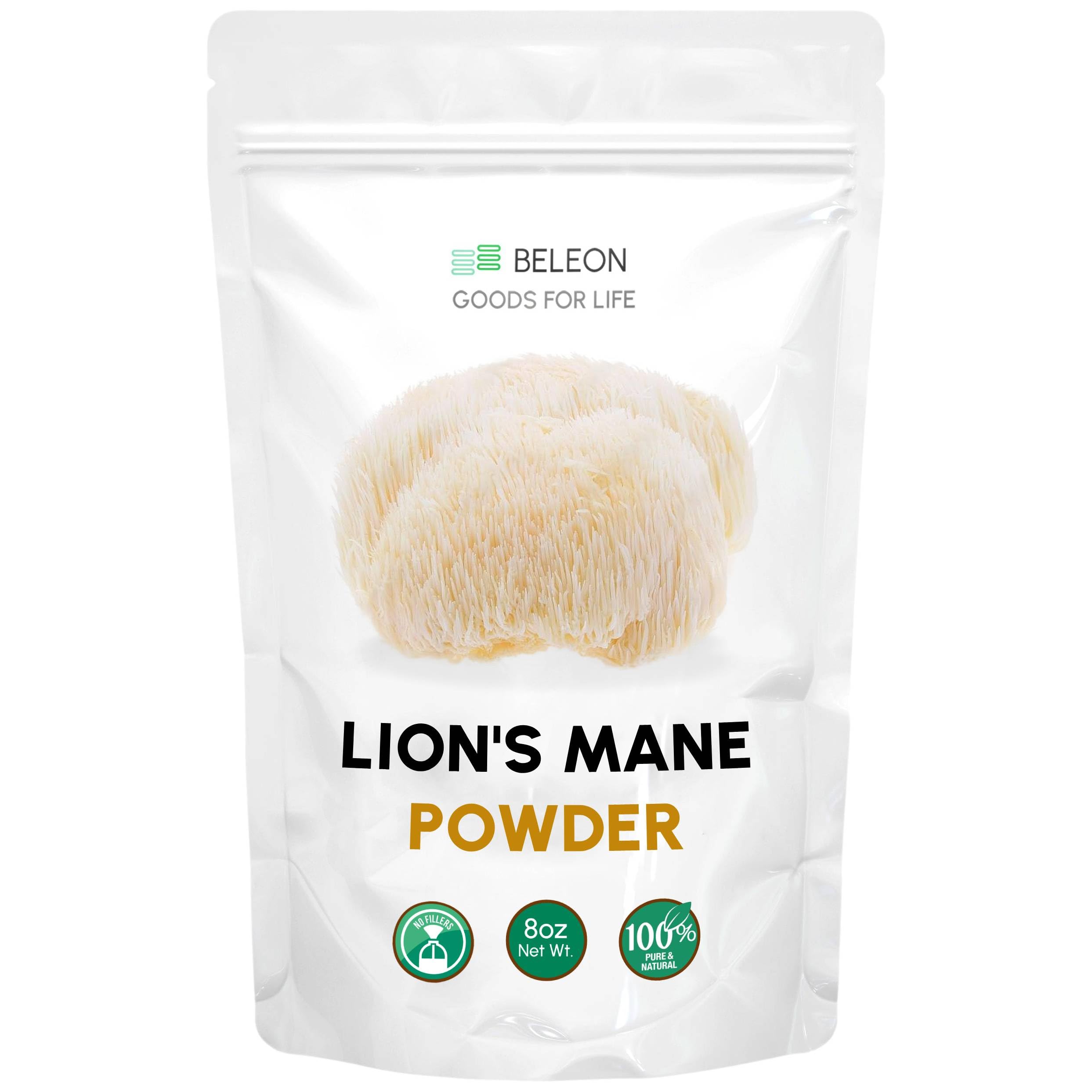 Beleon Lion's Mane Powder 8 oz - Pure Mushroom Supplement, Vegan