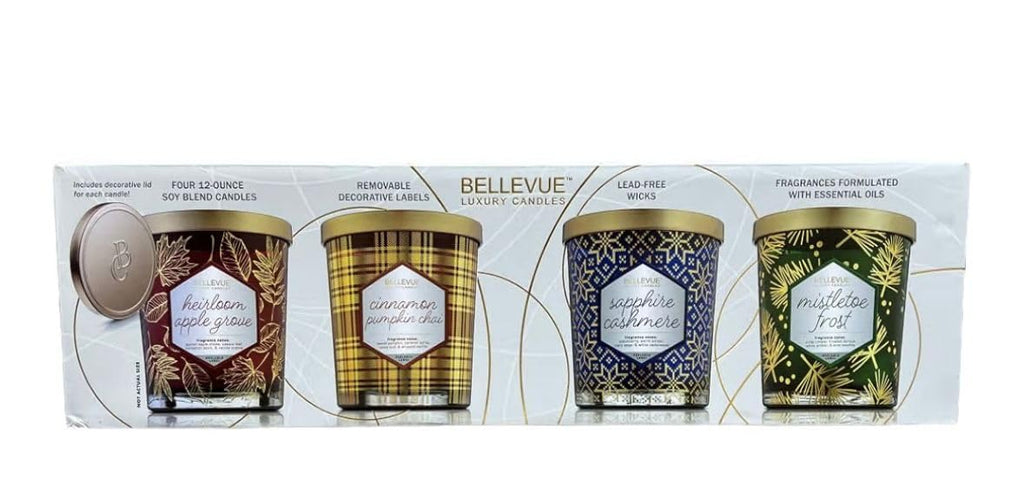Bellevue Luxury Candles – 4 Soy Blend Candles, 12 oz Each, Removable Labels, Lead-Free Wicks