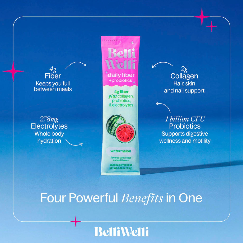 Belli Welli Daily Fiber Packets – Watermelon, Collagen, Probiotics & Electrolytes | 10 Count