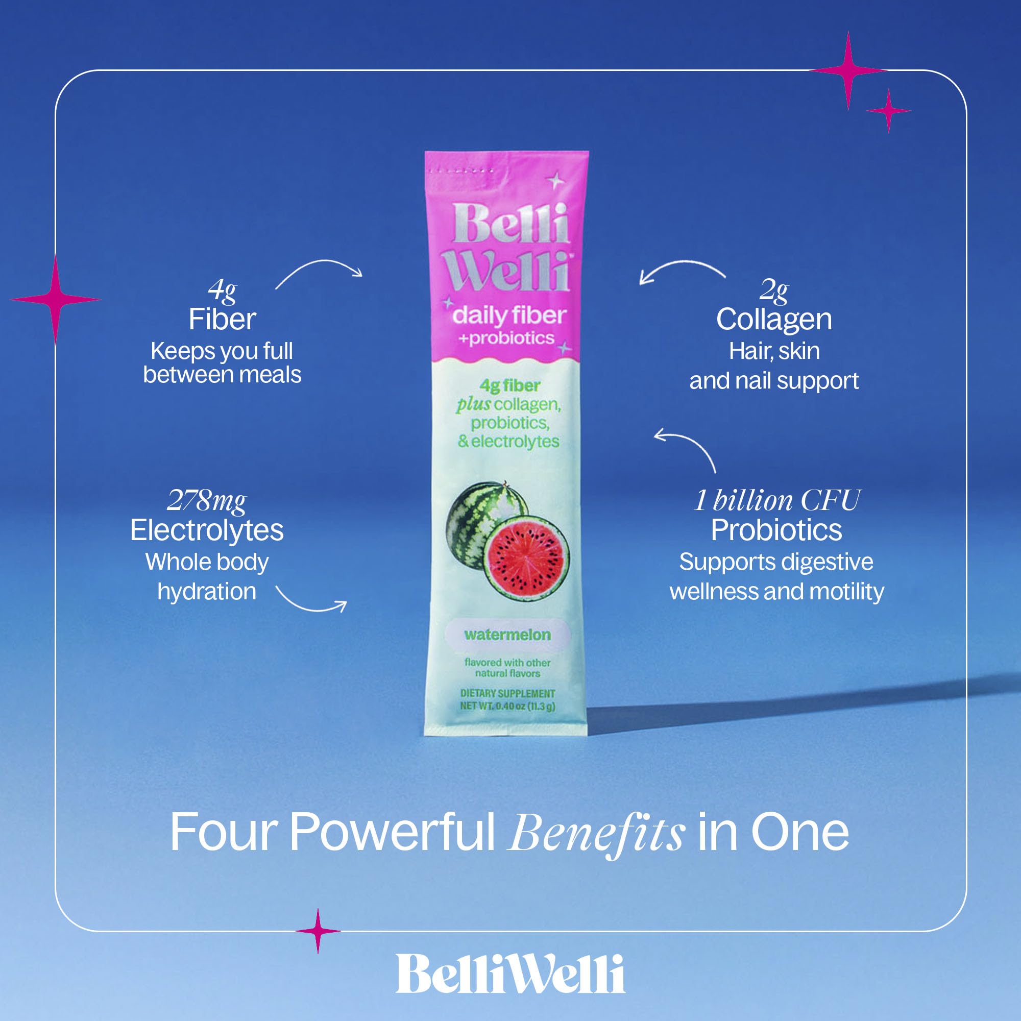 Belli Welli Daily Fiber Packets – Watermelon, Collagen, Probiotics & Electrolytes | 10 Count