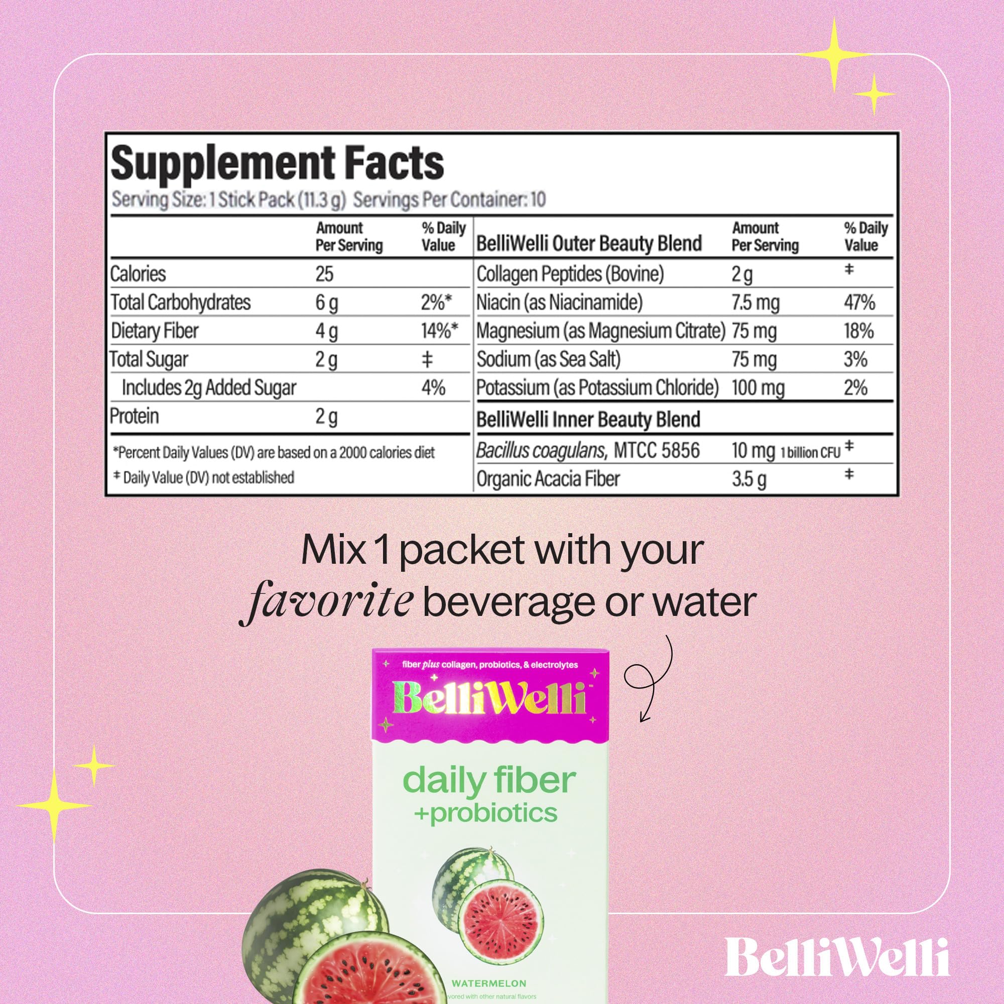 Belli Welli Daily Fiber Packets – Watermelon, Collagen, Probiotics & Electrolytes | 10 Count