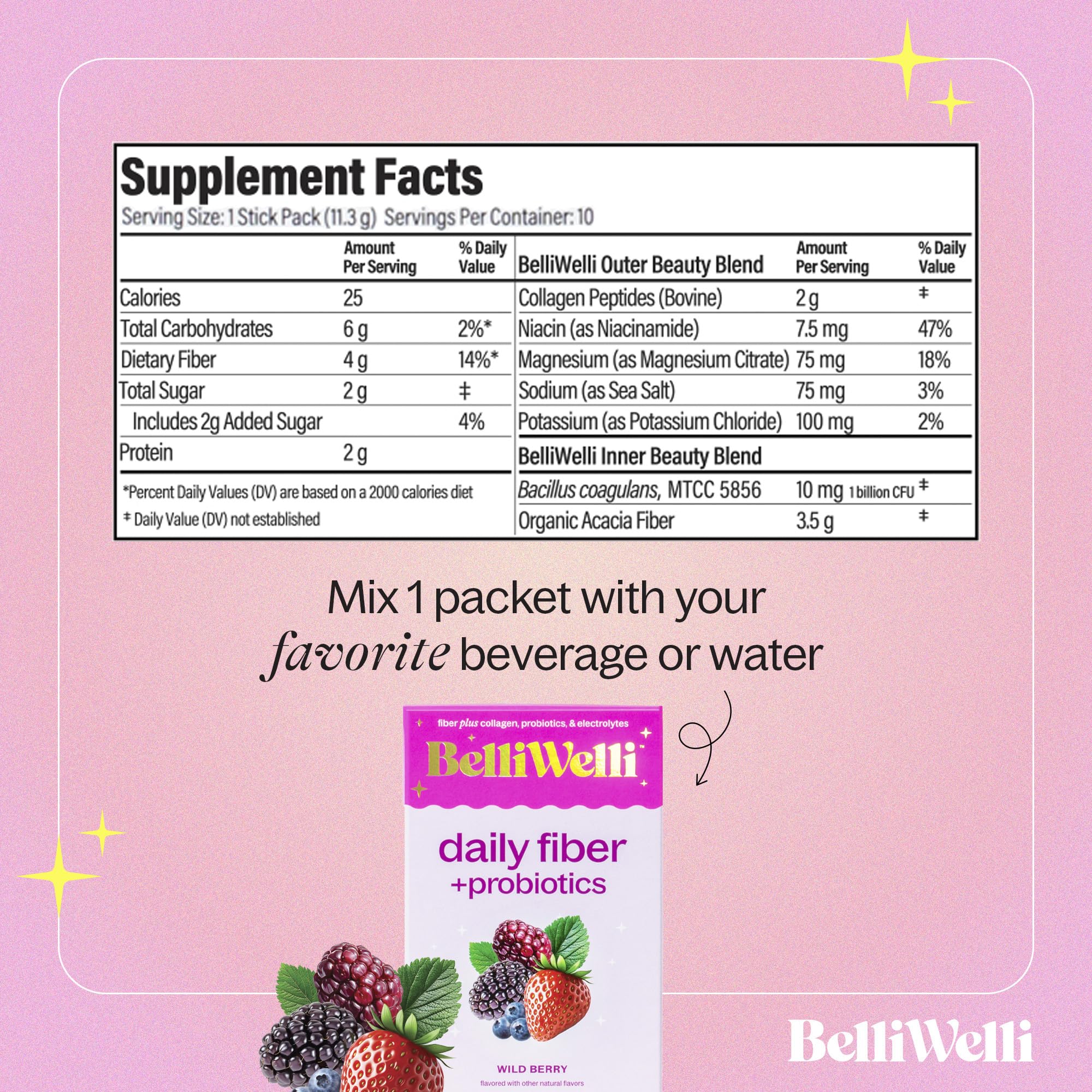 Belli Welli Daily Fiber Packets with Collagen & Probiotics – Wild Berry, 10 Count