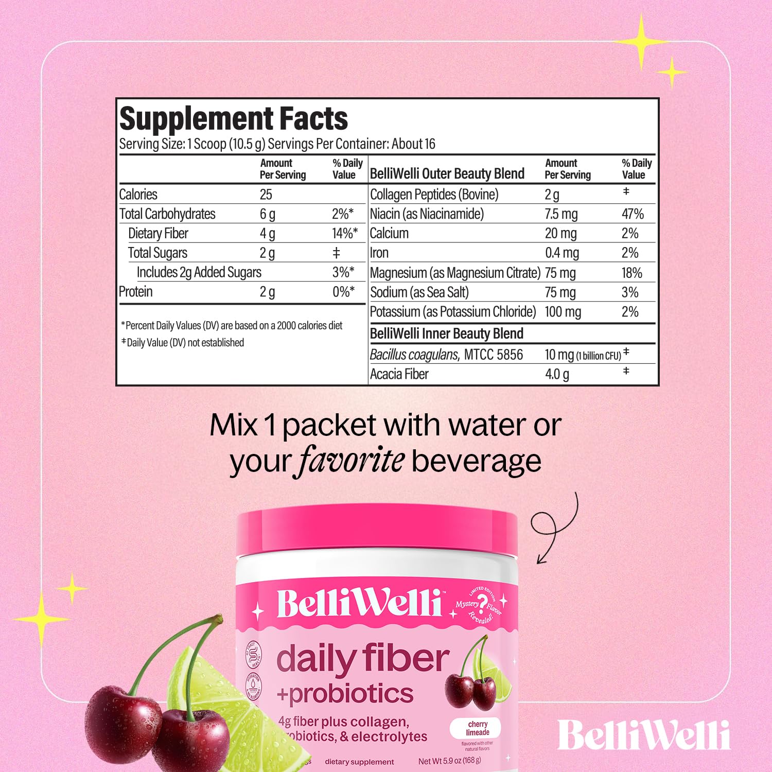 Belli Welli Fiber Supplement for Women & Men – Organic Acacia Fiber + Collagen, Electrolytes & Probiotics | Cherry Limeade