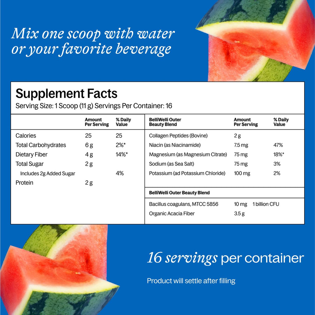 Belli Welli Fiber Supplement – Organic Acacia, Collagen, Probiotics (Watermelon)