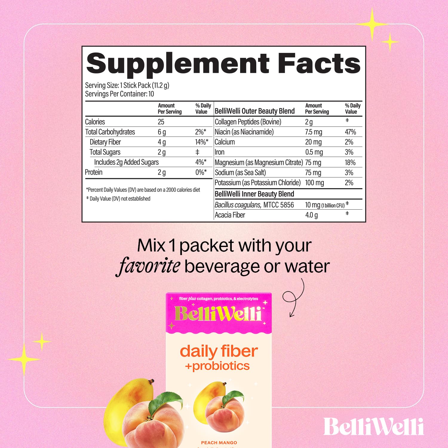 Belli Welli Fiber Supplement – Probiotic Fiber Powder with Collagen & Electrolytes, Peach Mango, 10 Pack