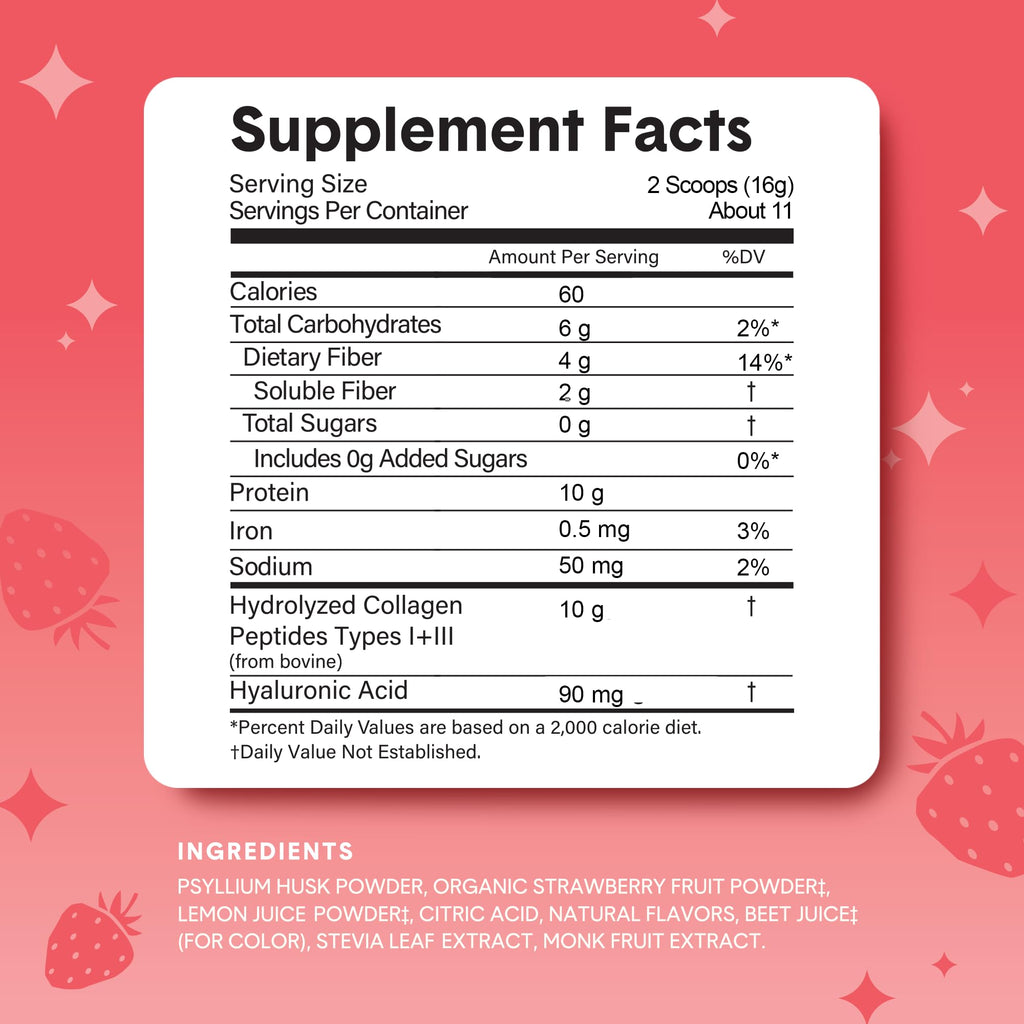 Bellway Super Fiber Powder + Collagen – Sugar-Free Psyllium Husk for Gut Health, Skin & Joints (Strawberry Lemonade)