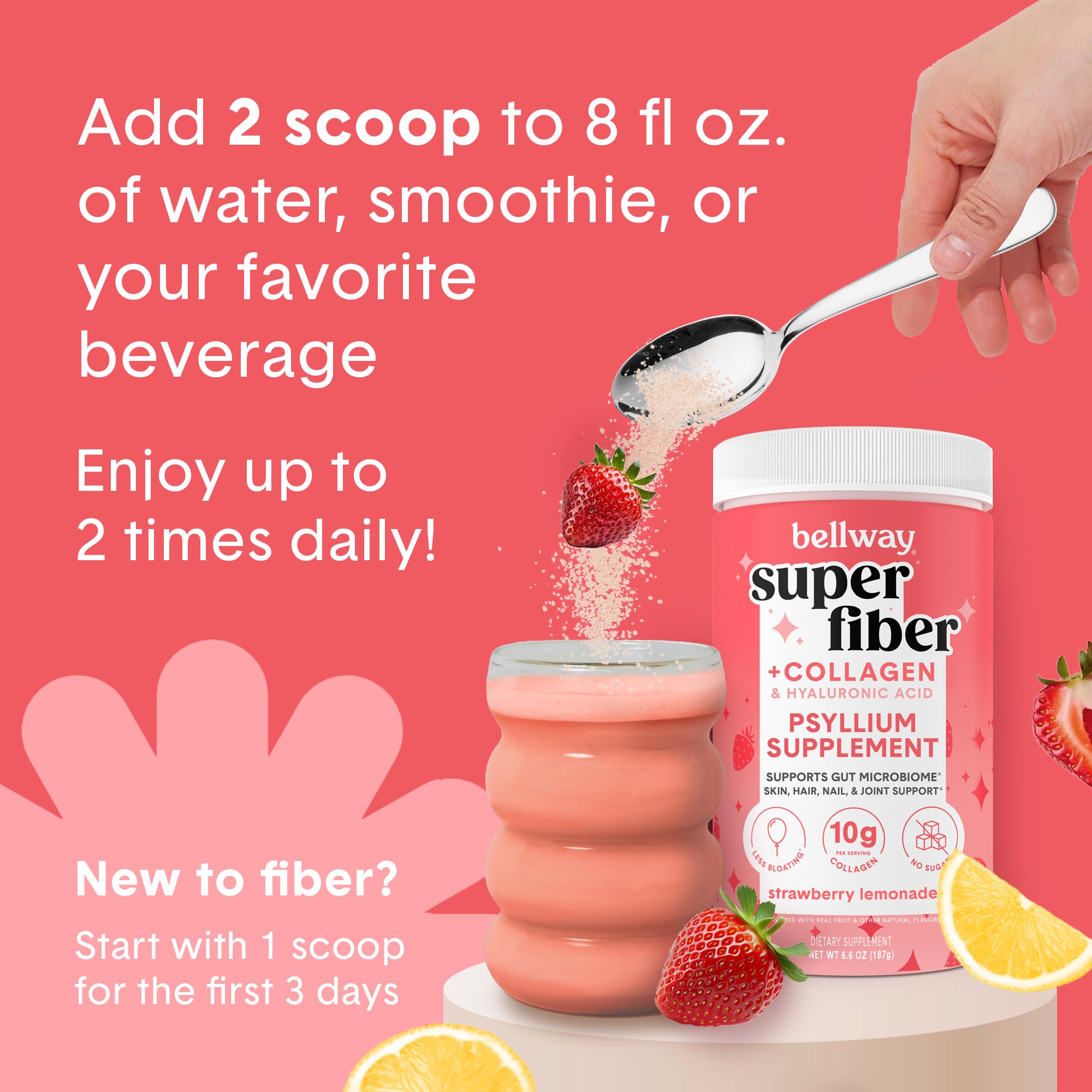 Bellway Super Fiber Powder + Collagen – Sugar-Free Psyllium Husk for Gut Health, Skin & Joints (Strawberry Lemonade)