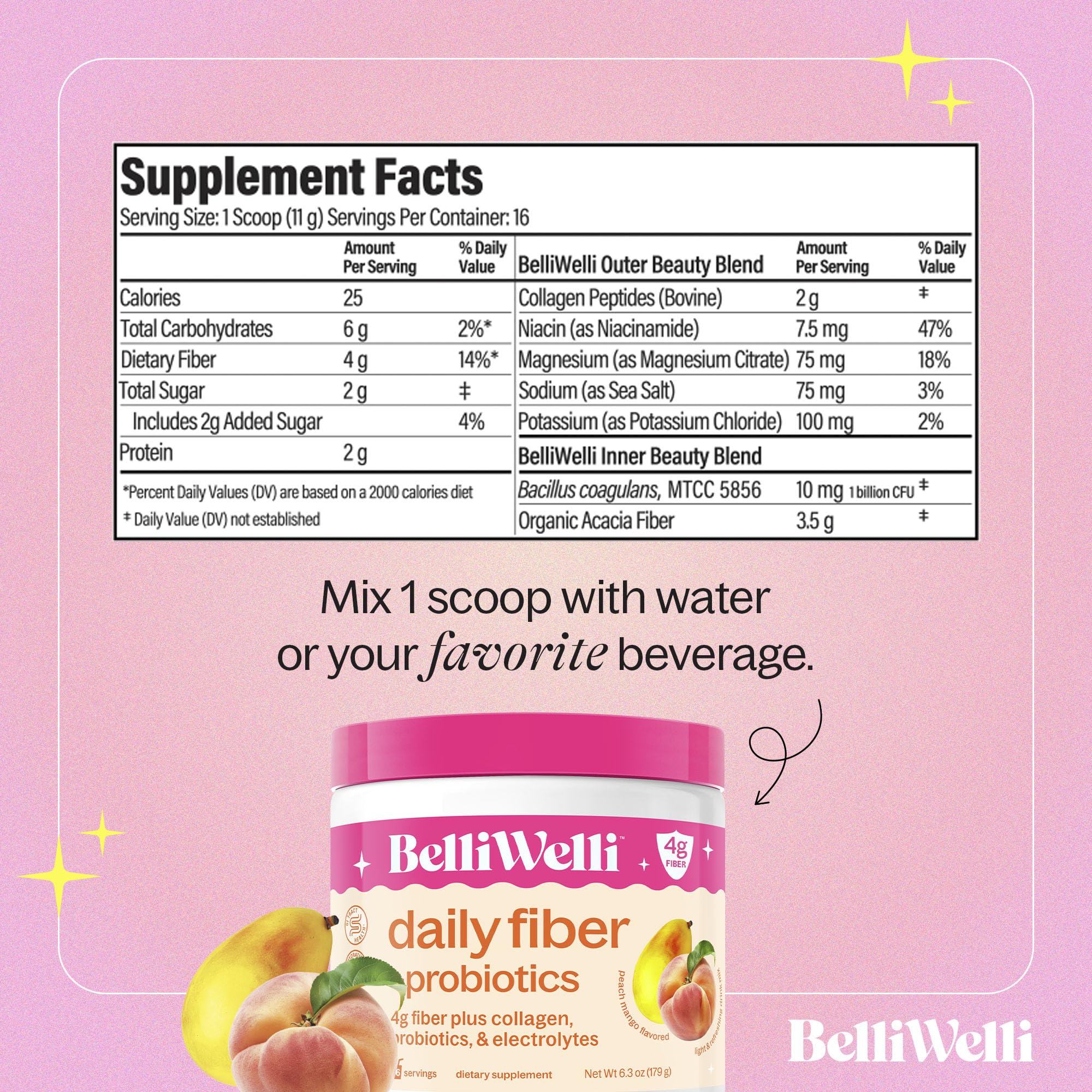 BelliWelli Fiber Supplement for Women & Men – Organic Acacia, Probiotics, Peach Mango