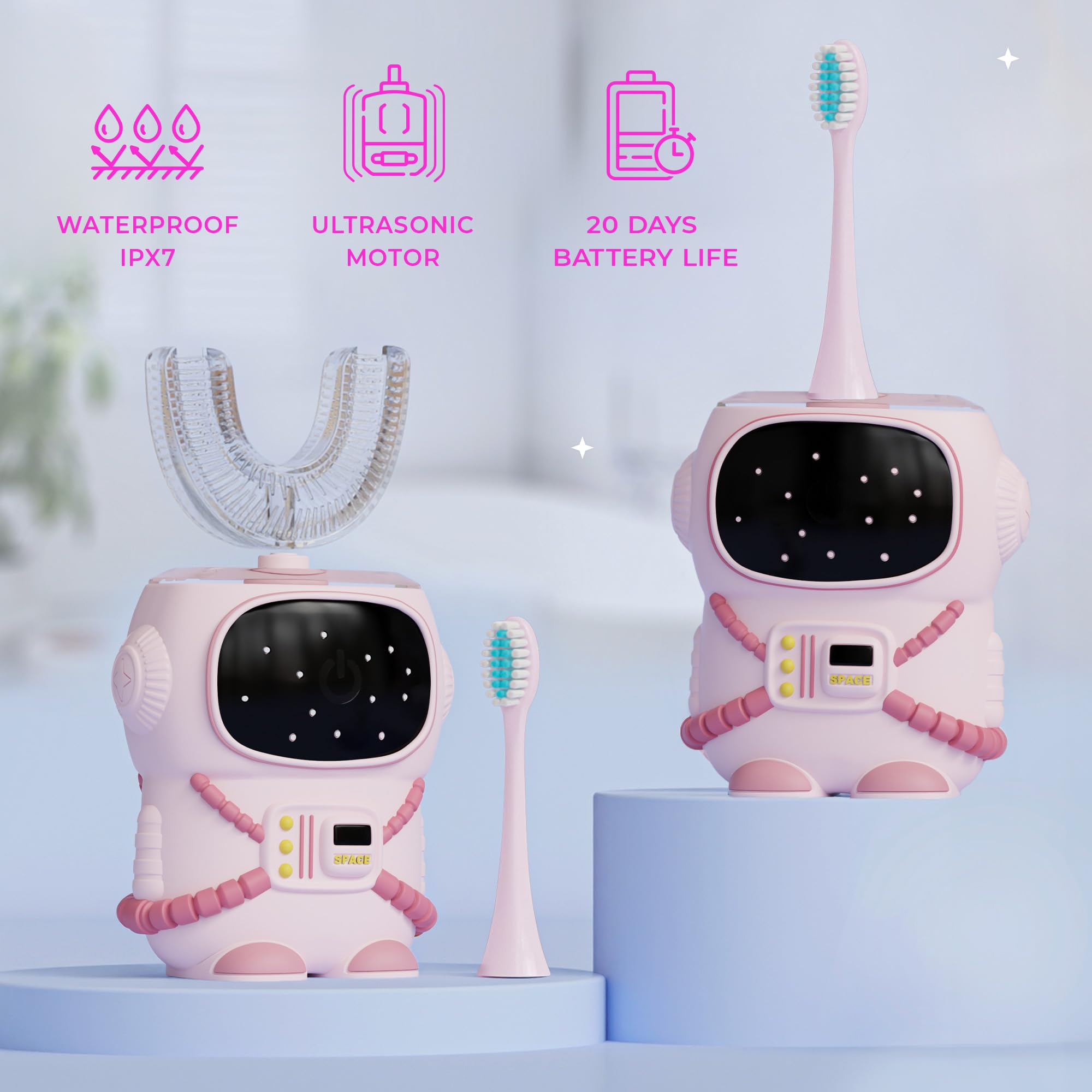 Bendi Sensory 360 U-Shaped Astronaut Kids Toothbrush – Pink, 5 Modes, Memory Function