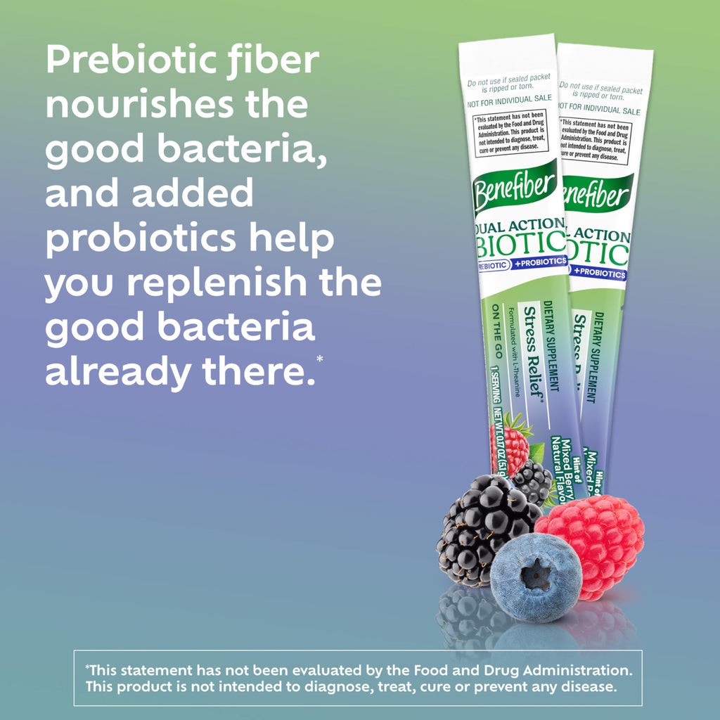 Benefiber Dual Action Biotic Plus Stress Relief – 18 Count Stick Packs | Digestive Health & Calm