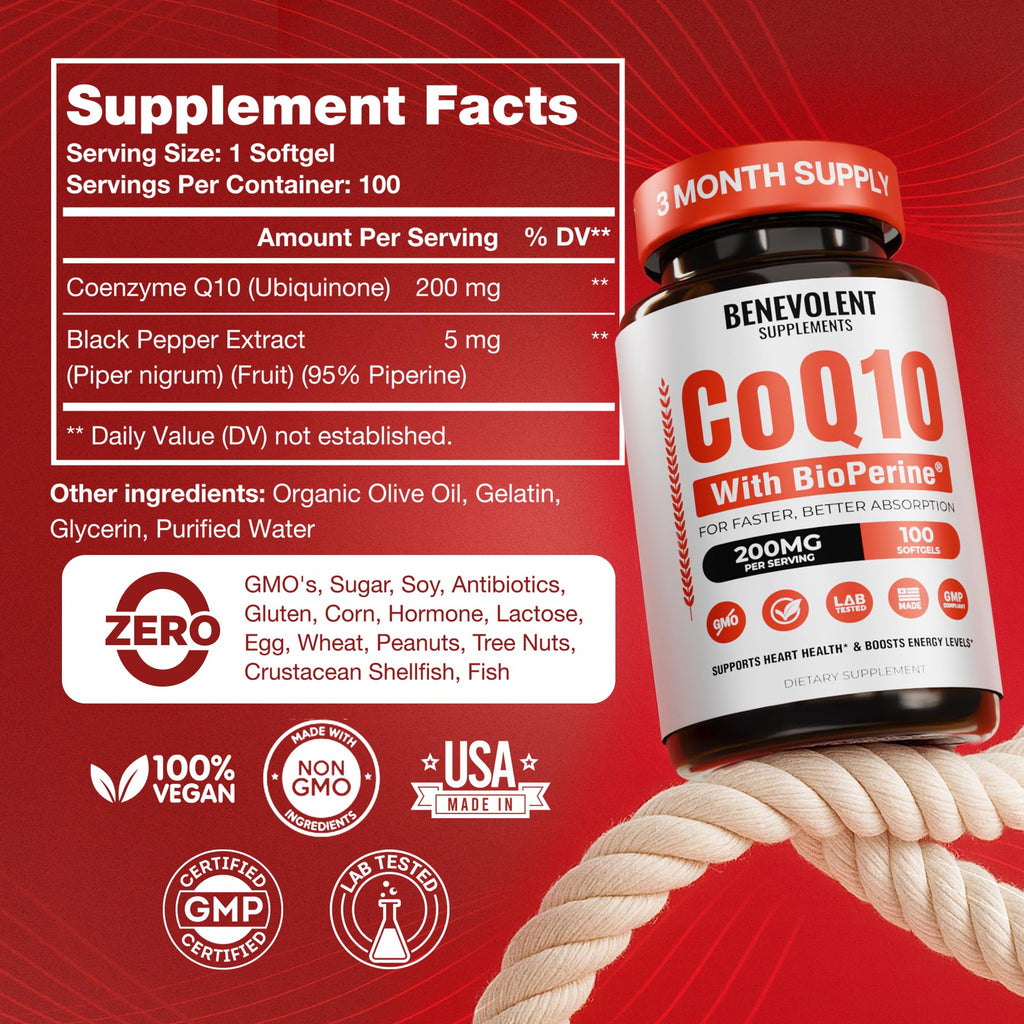 Benevolent CoQ10 200mg Softgels with BioPerine – Heart Health & Energy Support (100 Softgels)
