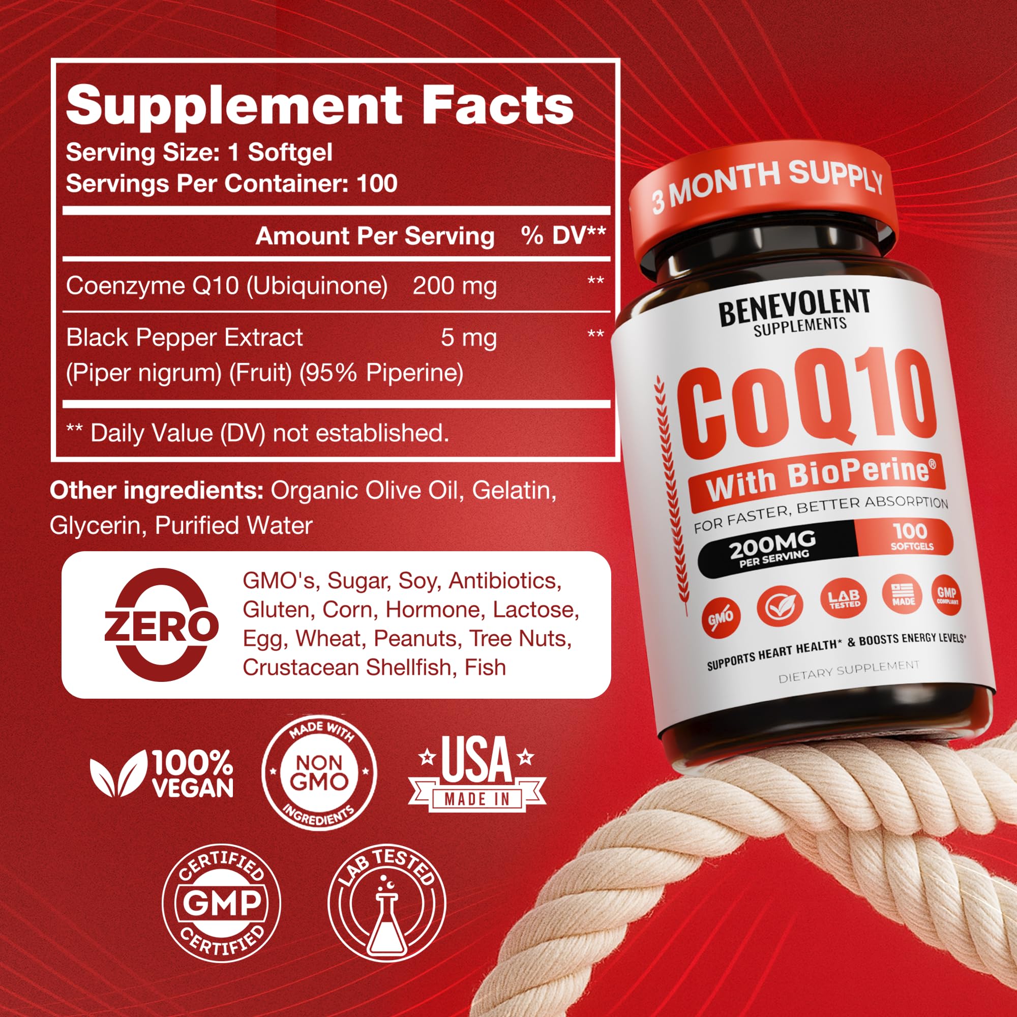 Benevolent CoQ10 200mg Softgels with BioPerine – Heart Health & Energy Support (100 Softgels)