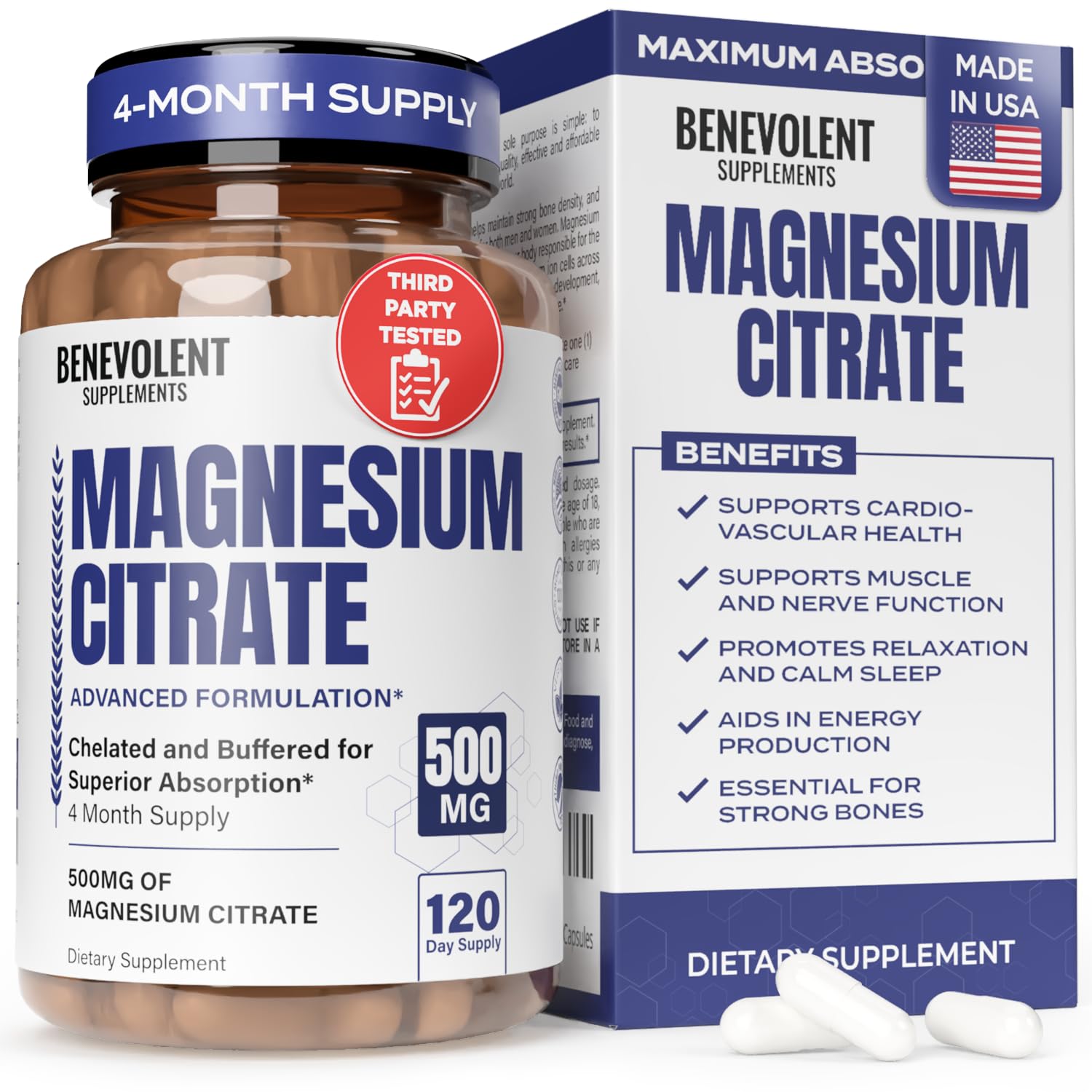 Benevolent Magnesium Citrate 500mg Capsules – Chelated & Buffered, 120 Veggie Caps