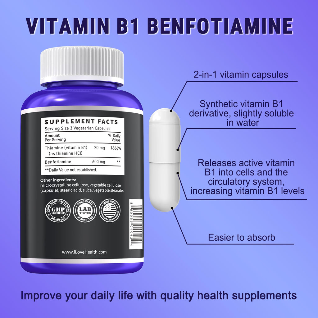 Benfotiamine 600mg + 20mg Vitamin B1 – 120 Veggie Capsules | Made in USA | 3rd-Party Tested