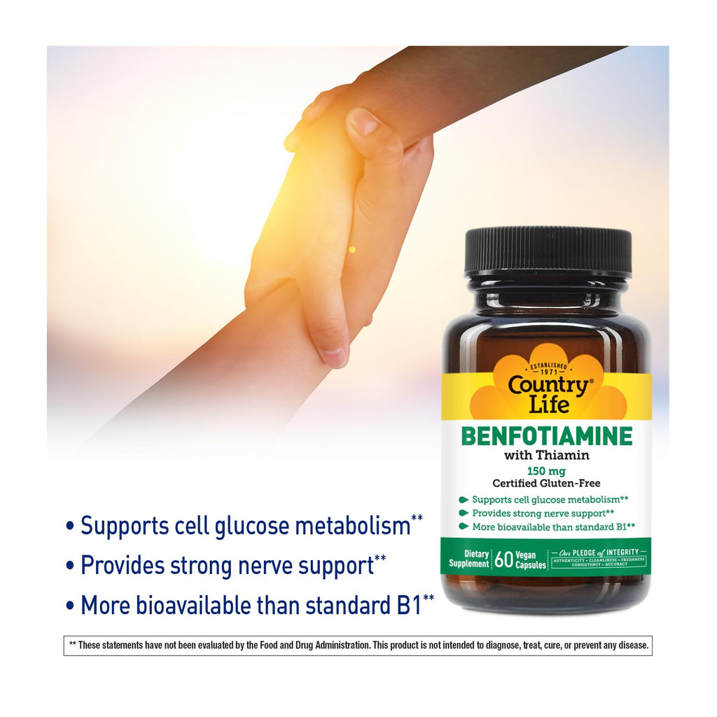 Country Life Benfotiamine with Thiamin – 150 mg, 60 Vegetarian Capsules | Gluten Free & Vegan