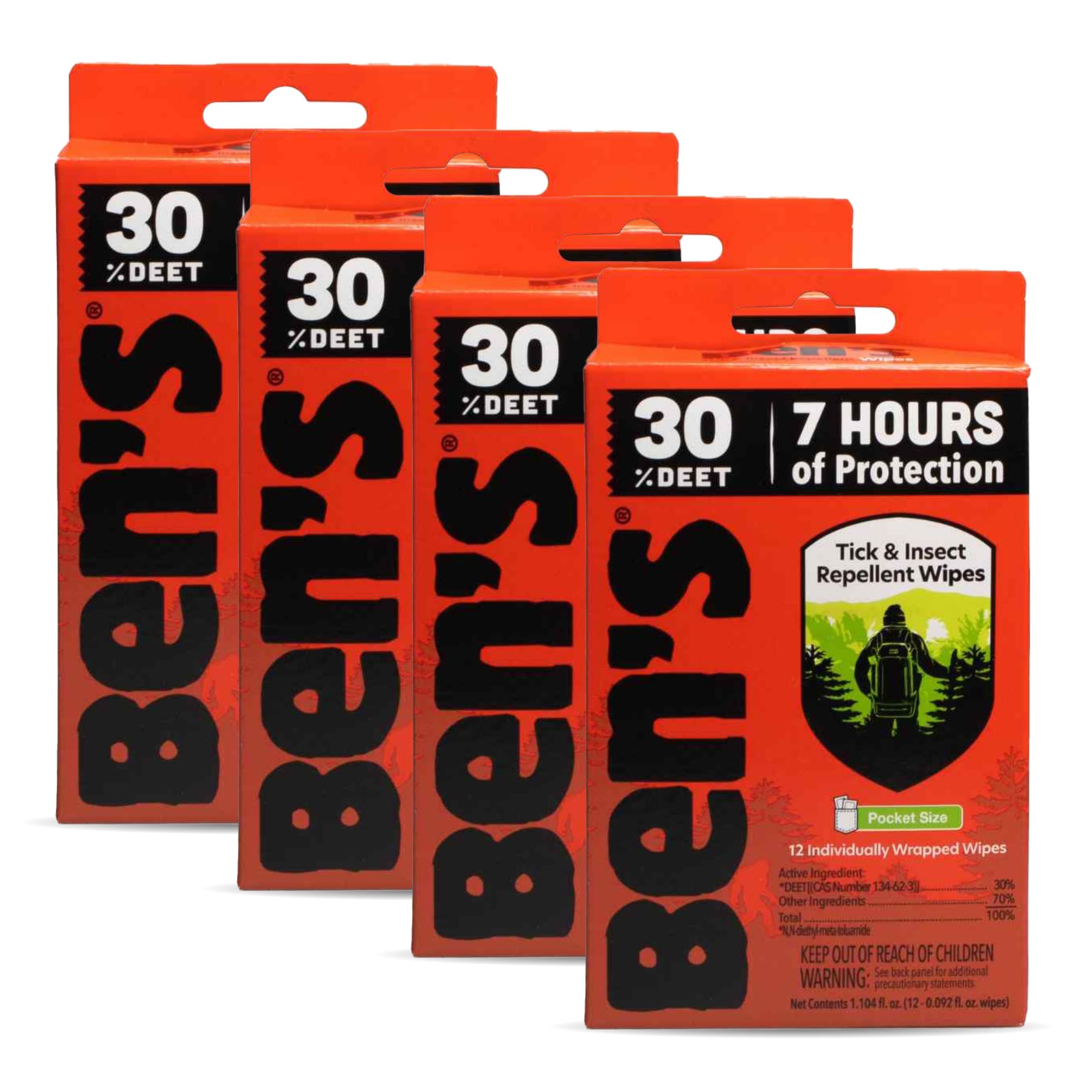 Ben's Tick & Insect Repellent Wipes - 30% DEET, Up to 7 Hours Protection - Alcohol- & Fragrance-Free | 12 Wipes (4 Pack)