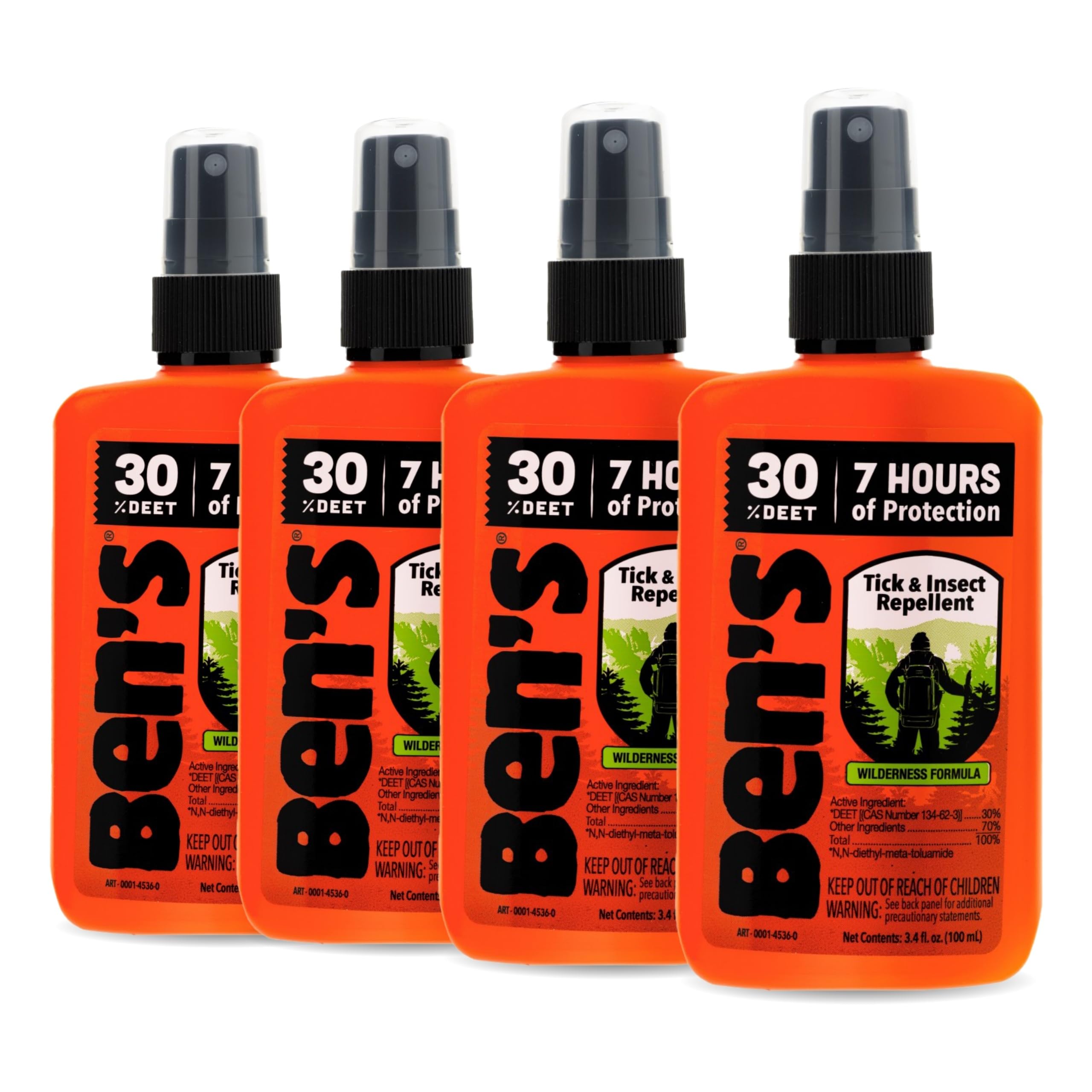 Ben's Tick & Insect Repellent - Travel-Size 30% DEET Bug Spray - 7 Hours Protection - Fragrance-Free - 3.4 oz (4 Pack)