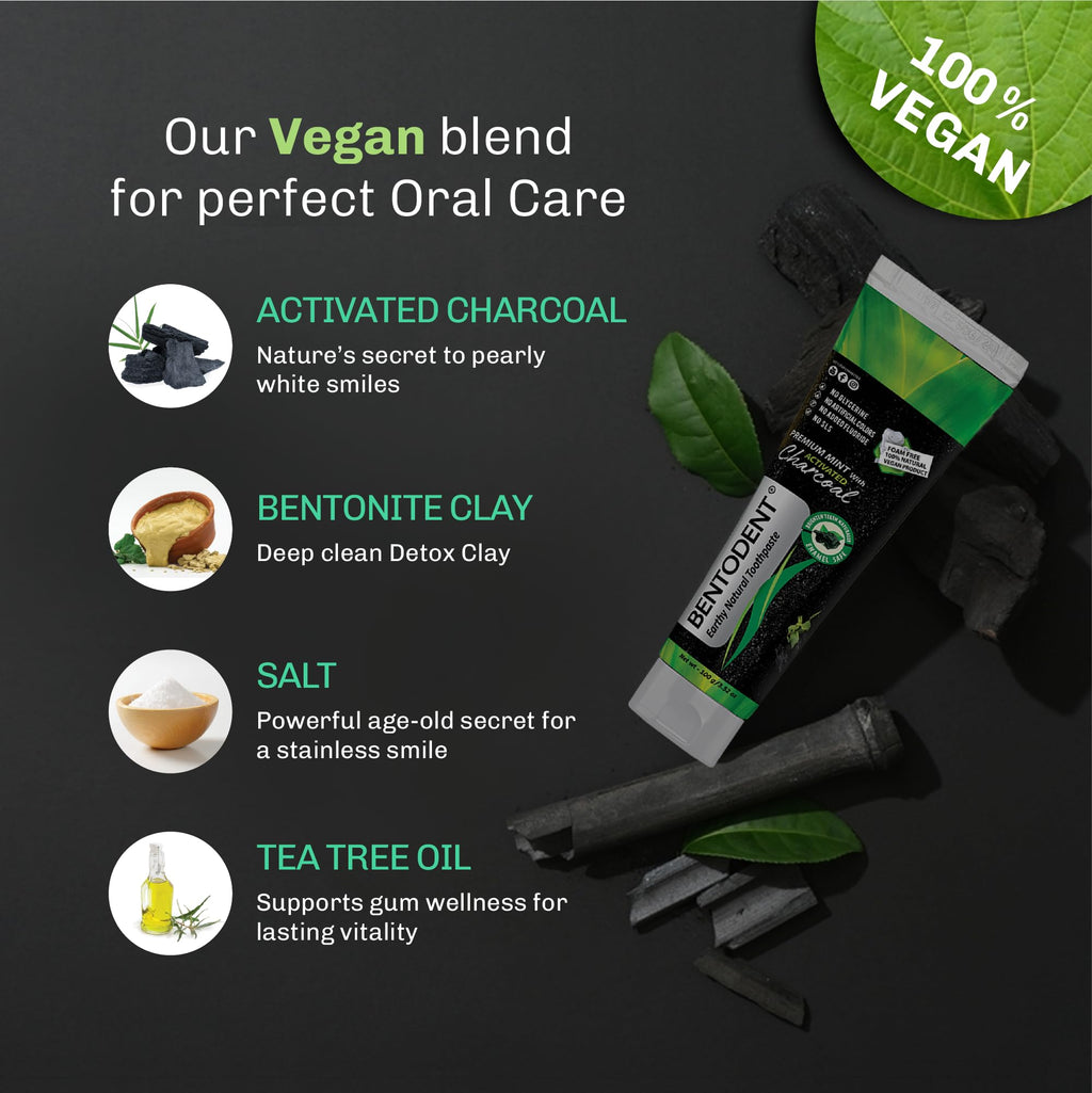 BENTODENT Toothpaste - Bentonite Clay & Activated Charcoal, Fluoride-Free, SLS-Free, Vegan, 3.52 oz