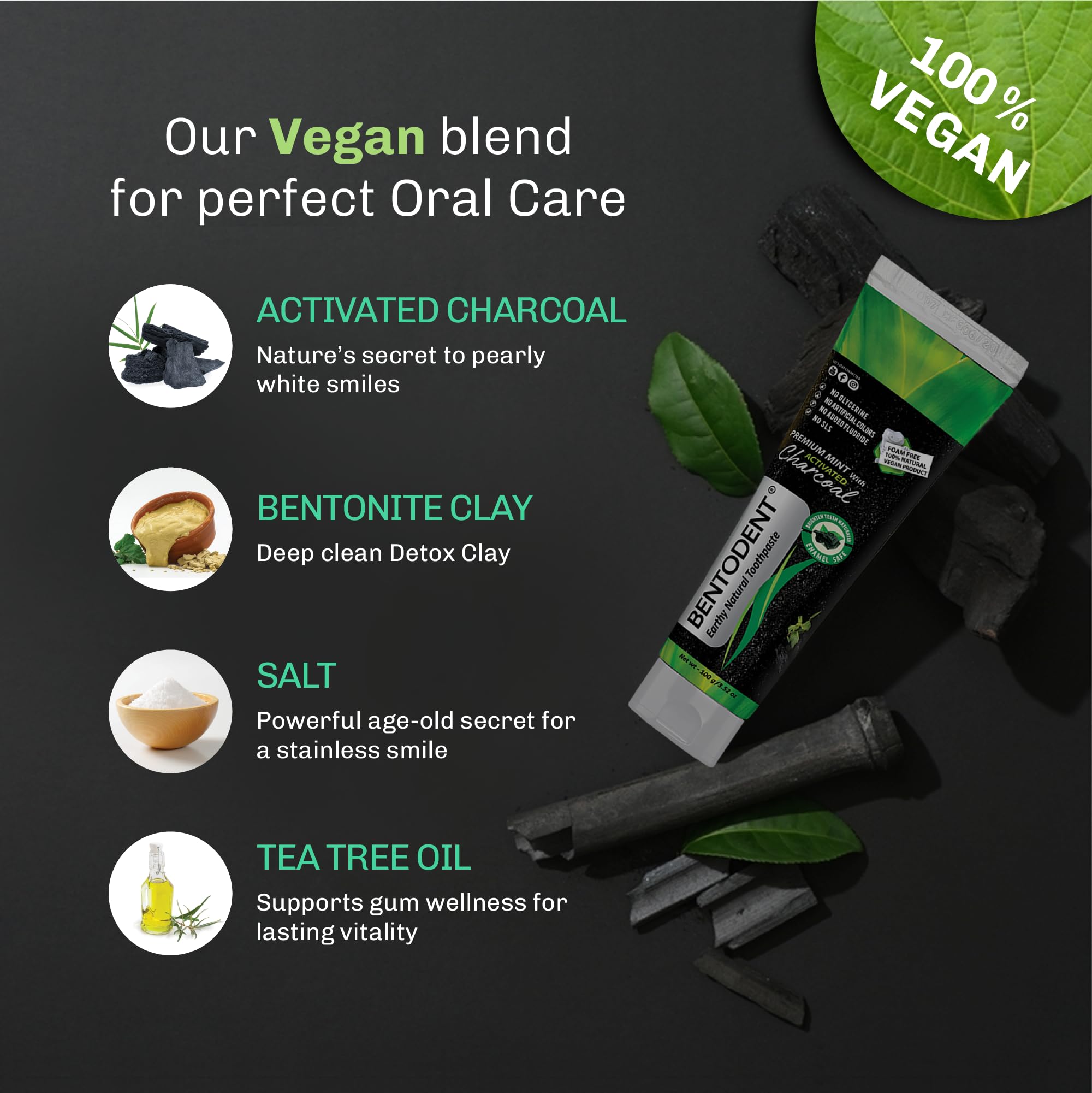 BENTODENT Toothpaste - Bentonite Clay & Activated Charcoal, Fluoride-Free, SLS-Free, Vegan, 3.52 oz