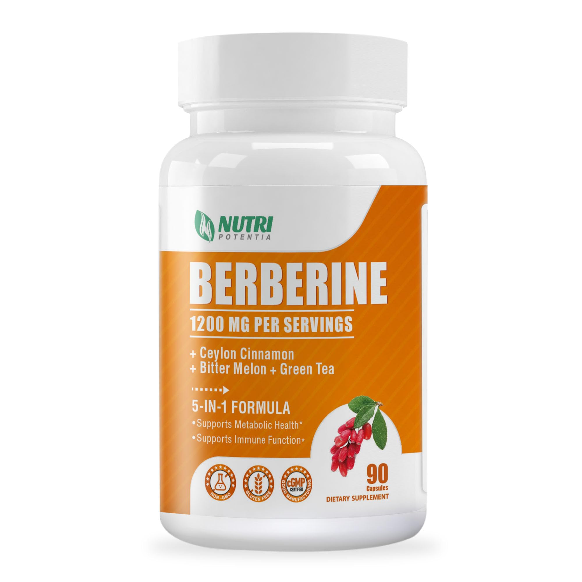 Berberine 1200mg Complex – Berberine HCl with Cinnamon, Bitter Melon & Green Tea (90 Capsules) – Gluten Free & Non-GMO