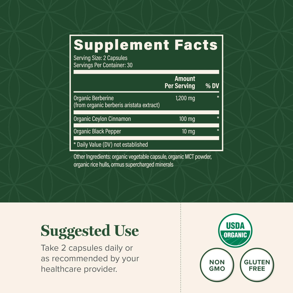 Global Healing Center Organic Berberine 1200mg with Cinnamon & Black Pepper – 60 Capsules