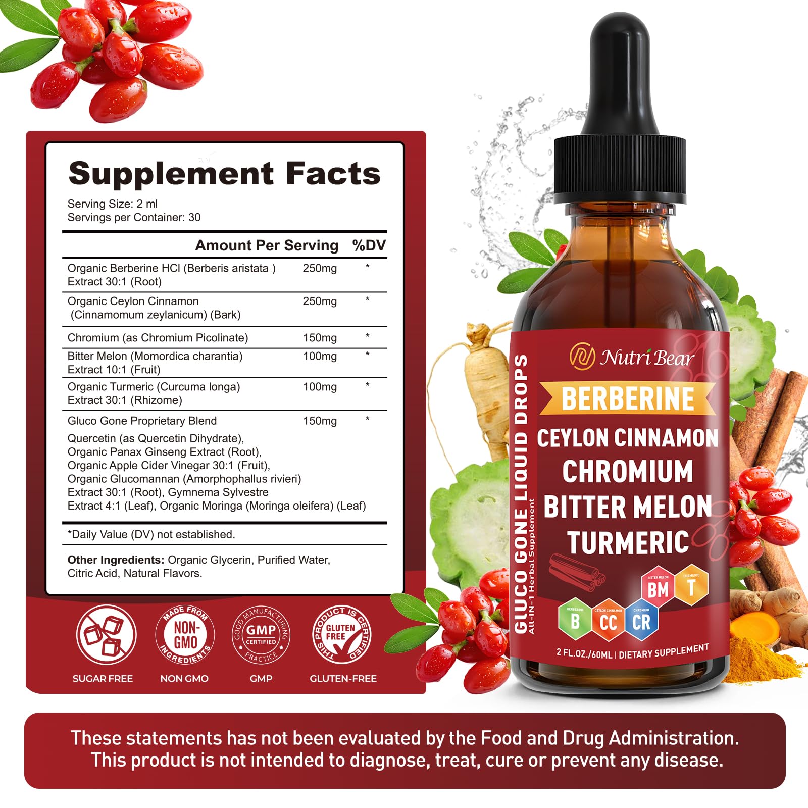 Berberine with Ceylon Cinnamon Liquid Drops – Immune & Digestive Support (2 fl oz)