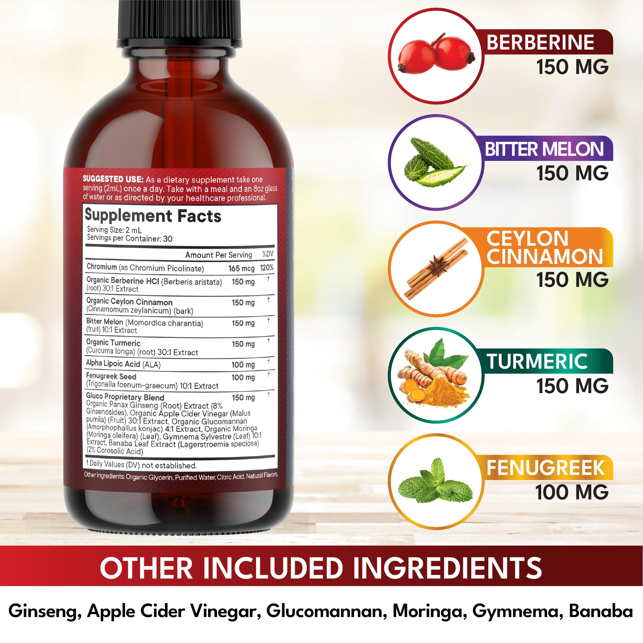 Berberine with Ceylon Cinnamon Liquid Drops 4 OZ – Immune Support with Ginseng, Turmeric, Chromium, Bitter Melon, Moringa