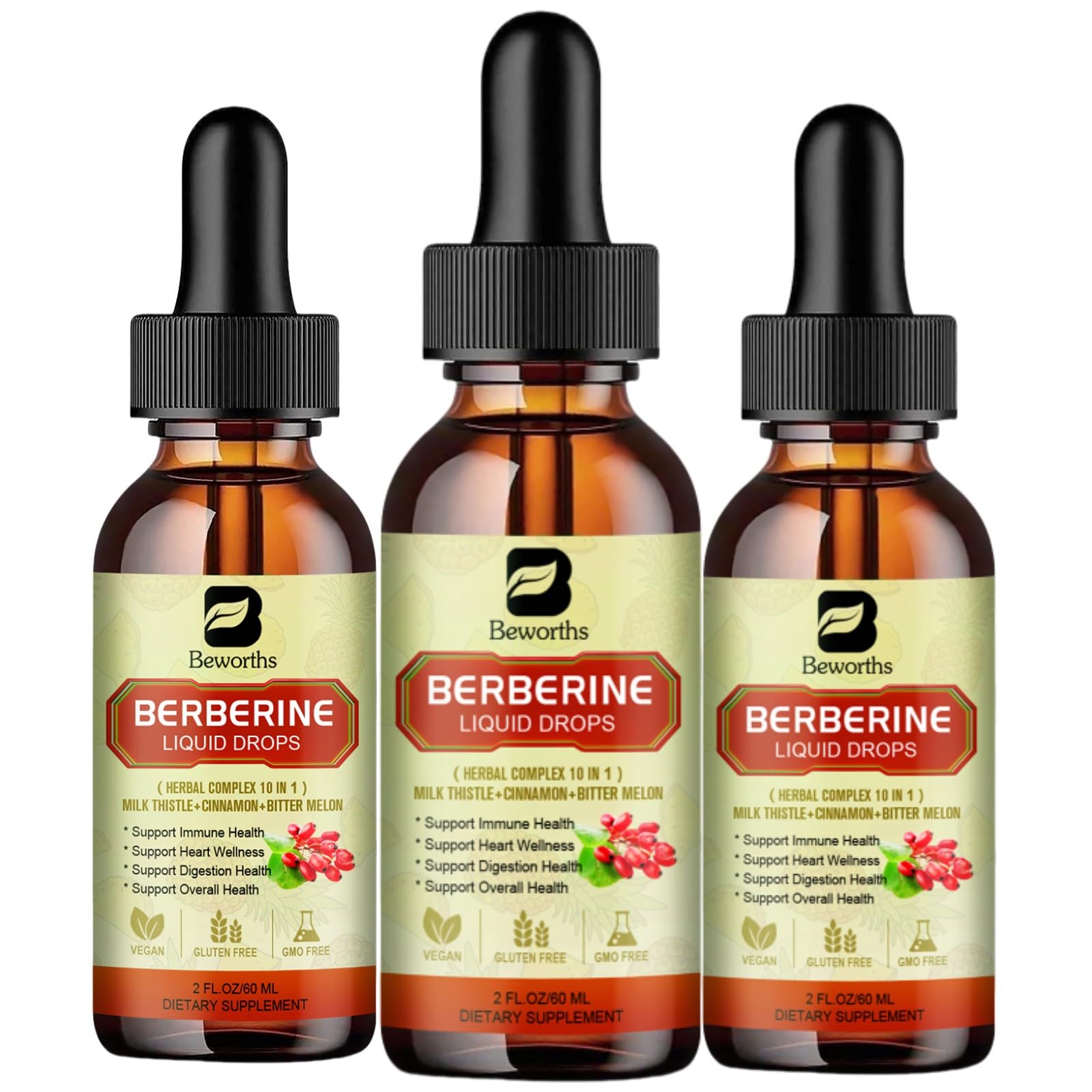 B BEWORTHS Berberine Drops – 3PC Berberine Supplement with Ceylon Cinnamon, Turmeric & Bitter Melon